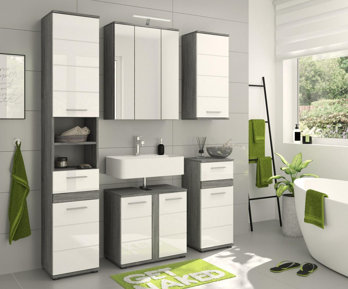 HÄNGESCHRANK weiß Hochglanz, grau, Badschrank mit 3 Fächern - Weiß Hochglanz/Silberfarben, Holzwerkstoff/Kunststoff (35/77/25cm) - Inn.Furn