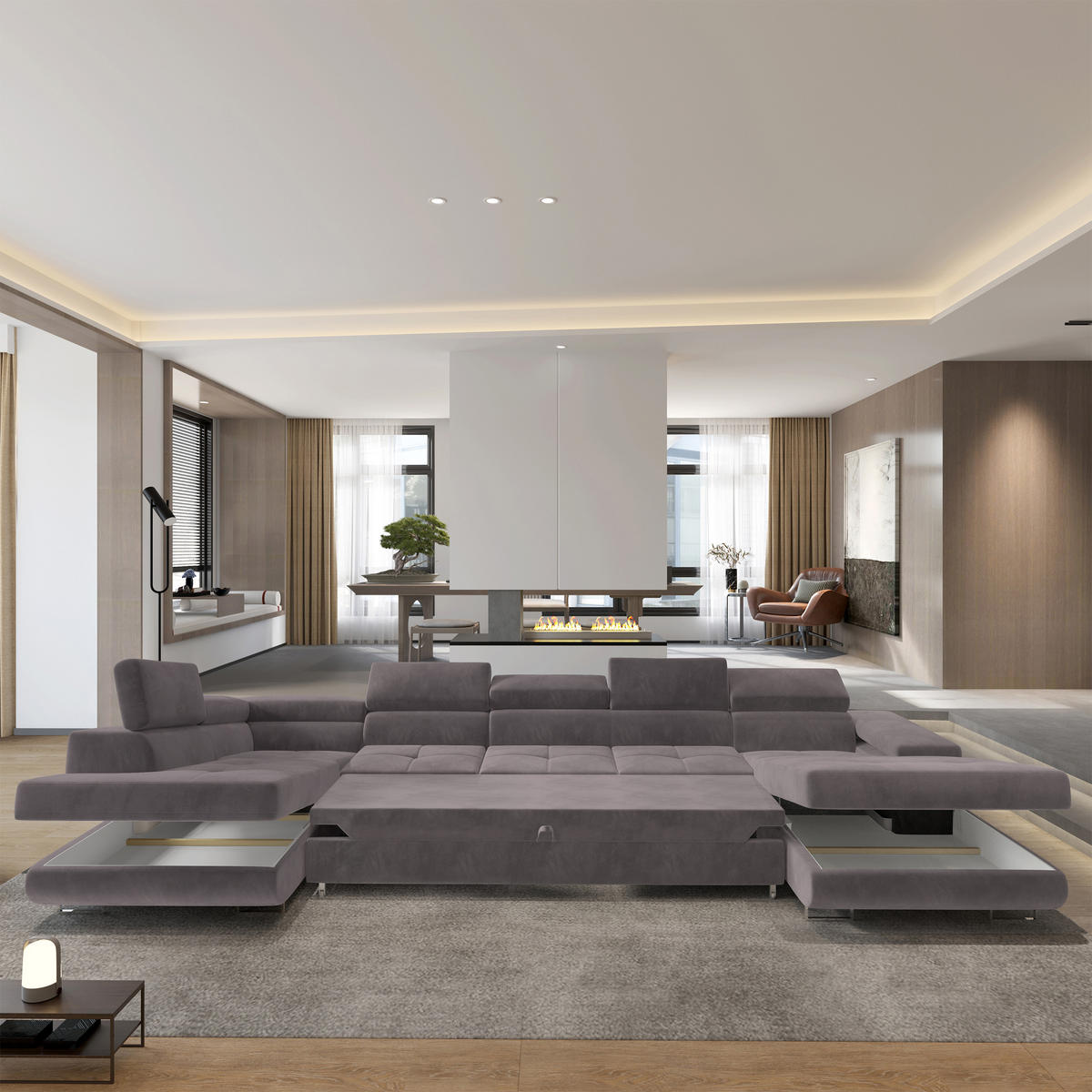 WOHNLANDSCHAFT TORIVA L-S Lila Velours-Stoff mit Schlaffunktion - Lila, Holz (418/90/202cm) - MASSENO