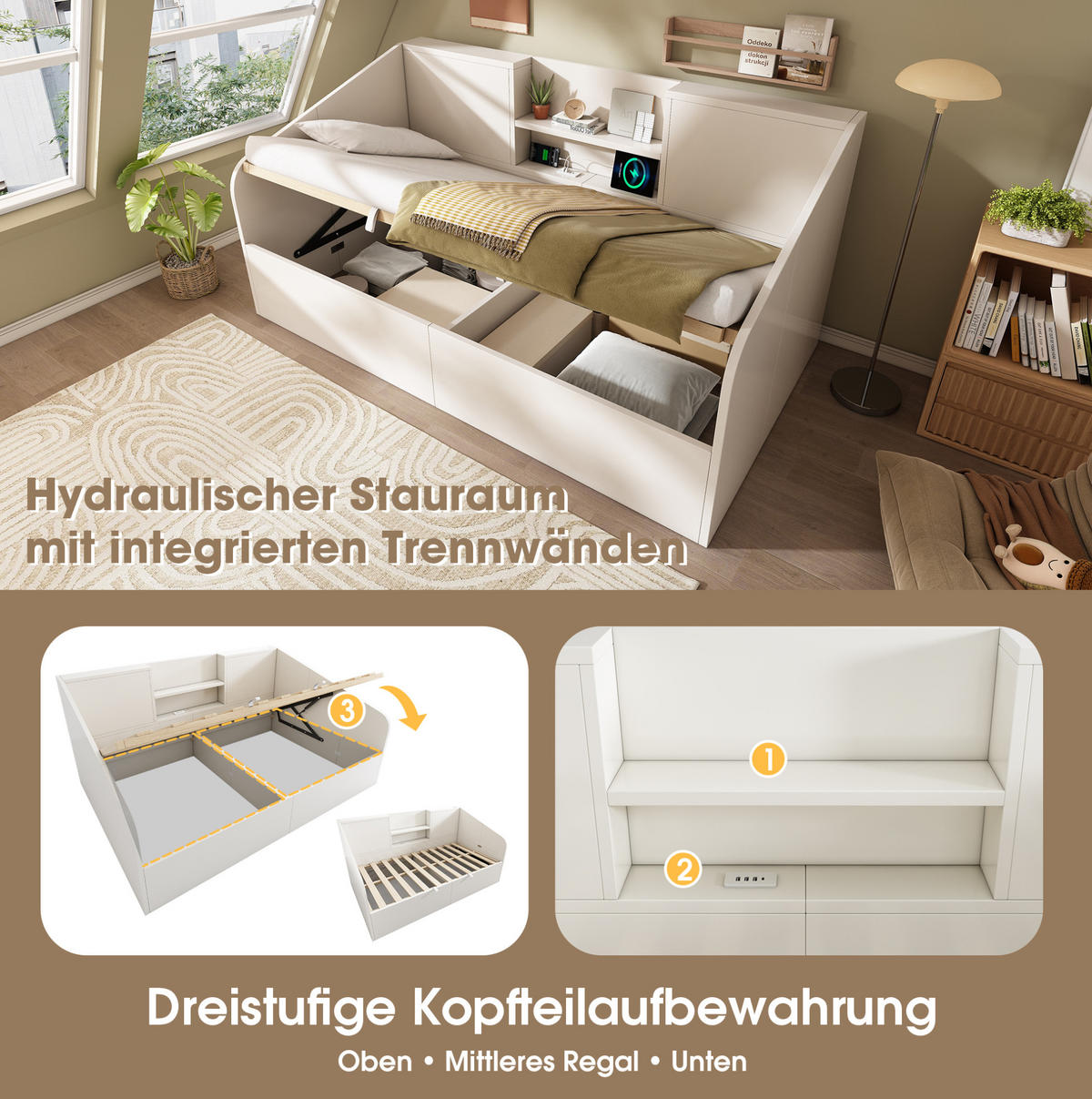 POLSTERBETT 90/190 cm mit Hydraulik-Bettkasten, USB- und Type-C-Ladestation, Holz, Weiß - Weiß, Textil (90/190cm) - Redom