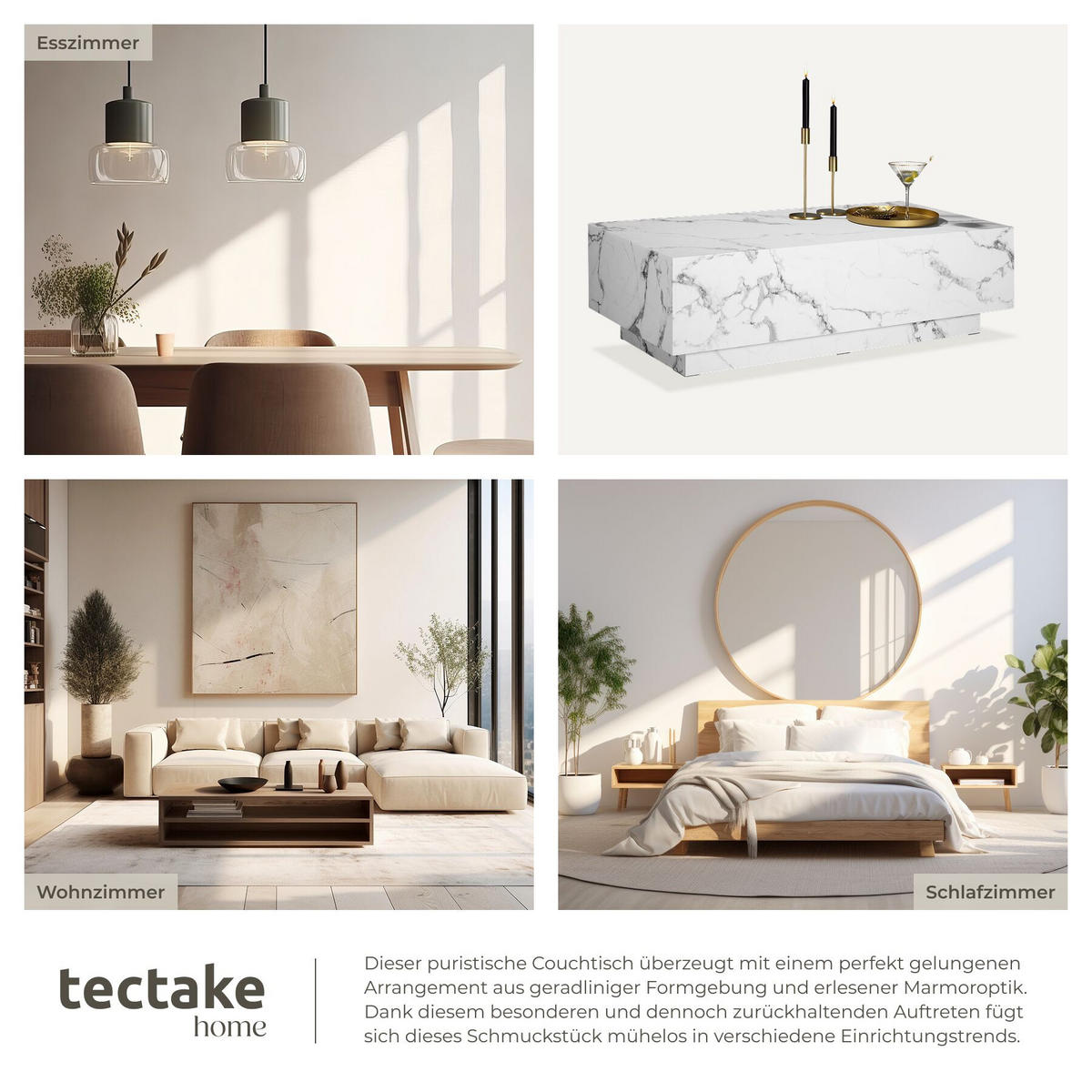 COUCHTISCH Lasley, inkl. Bodenschoner, Belastbarkeit 45 kg, Marmor Optik weiß - Weiß, Holz (60/120/35cm) - tectake