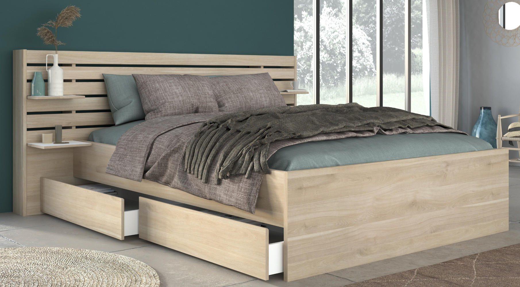 Thumbnail - Parisot Meuble Schlafzimmer, Eiche, Holzwerkstoff, Nachbildung,Eiche, Holz Optik, 4 Fächer, 2 Schubladen, Rechteckig, 16...