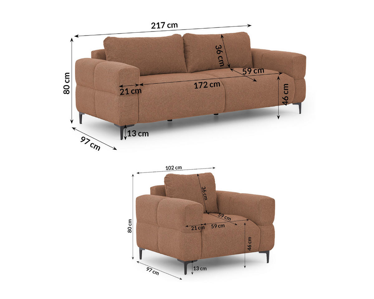 SITZGARNITUR 3+1 Cardea in Bubble-Optik aus weichem Terrakotta Strukturstoff mit hohem Sitzkomfort - Terracotta/Schwarz, Holz/Textil (217/80/97cm) - S-Style Möbel
