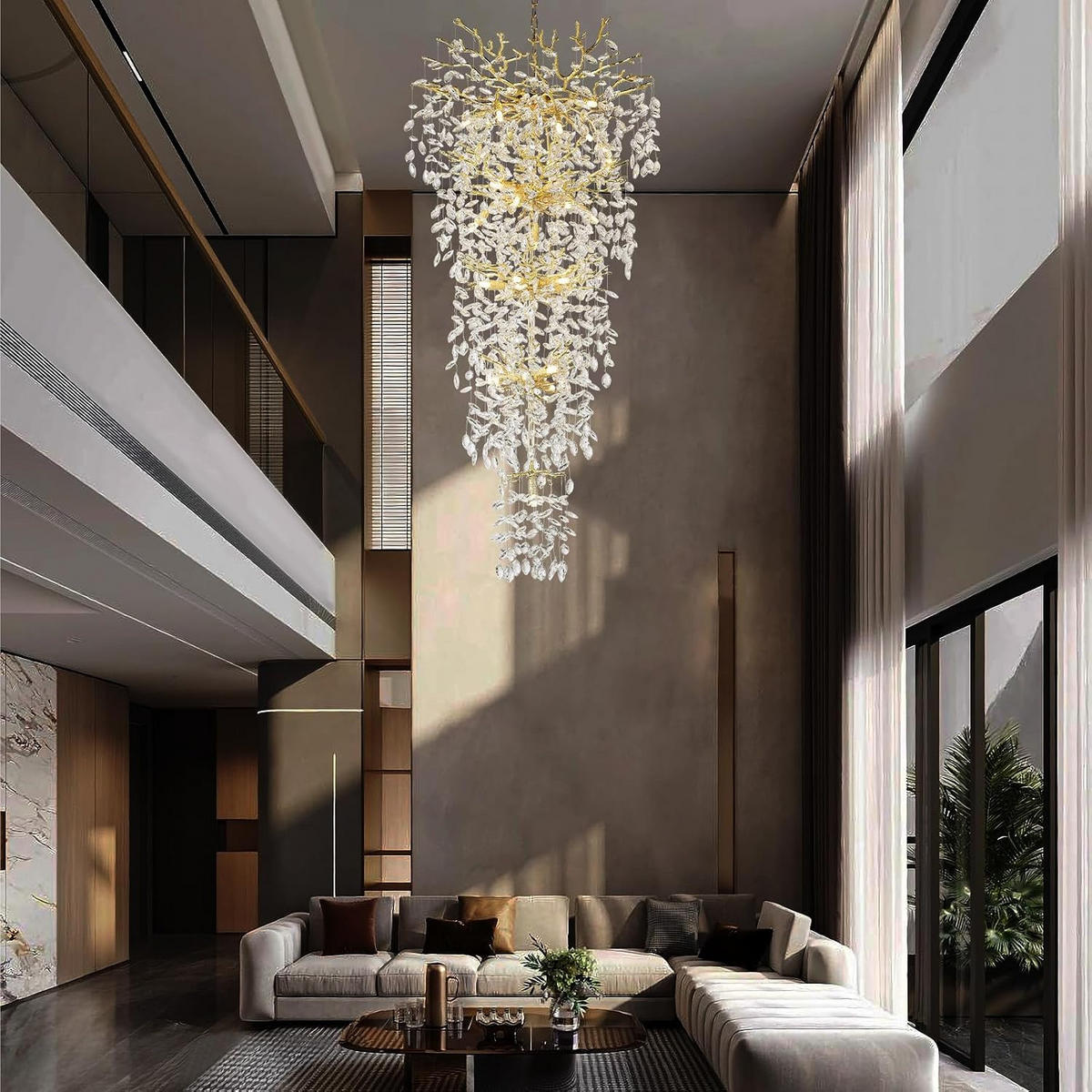 TREPPEN-KRONLEUCHTER 160 cm 5-stufiger K9‑Kristall Baumzweig Gold für Eingangsbereich und Wohnzimmer - Gelb, Naturmaterialien (75/67/41.5cm) - Surtime