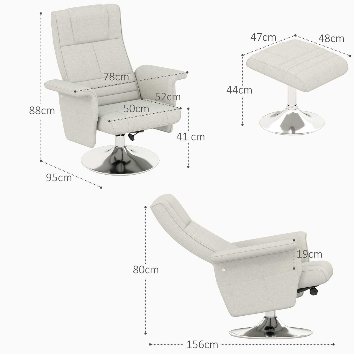 MASSAGESESSEL mit Fußhocker, elektrischer Relaxsessel mit Liegefunktion Creme - Silberfarben/Creme, Textil/Metall (95/88/78cm) - HOMCOM