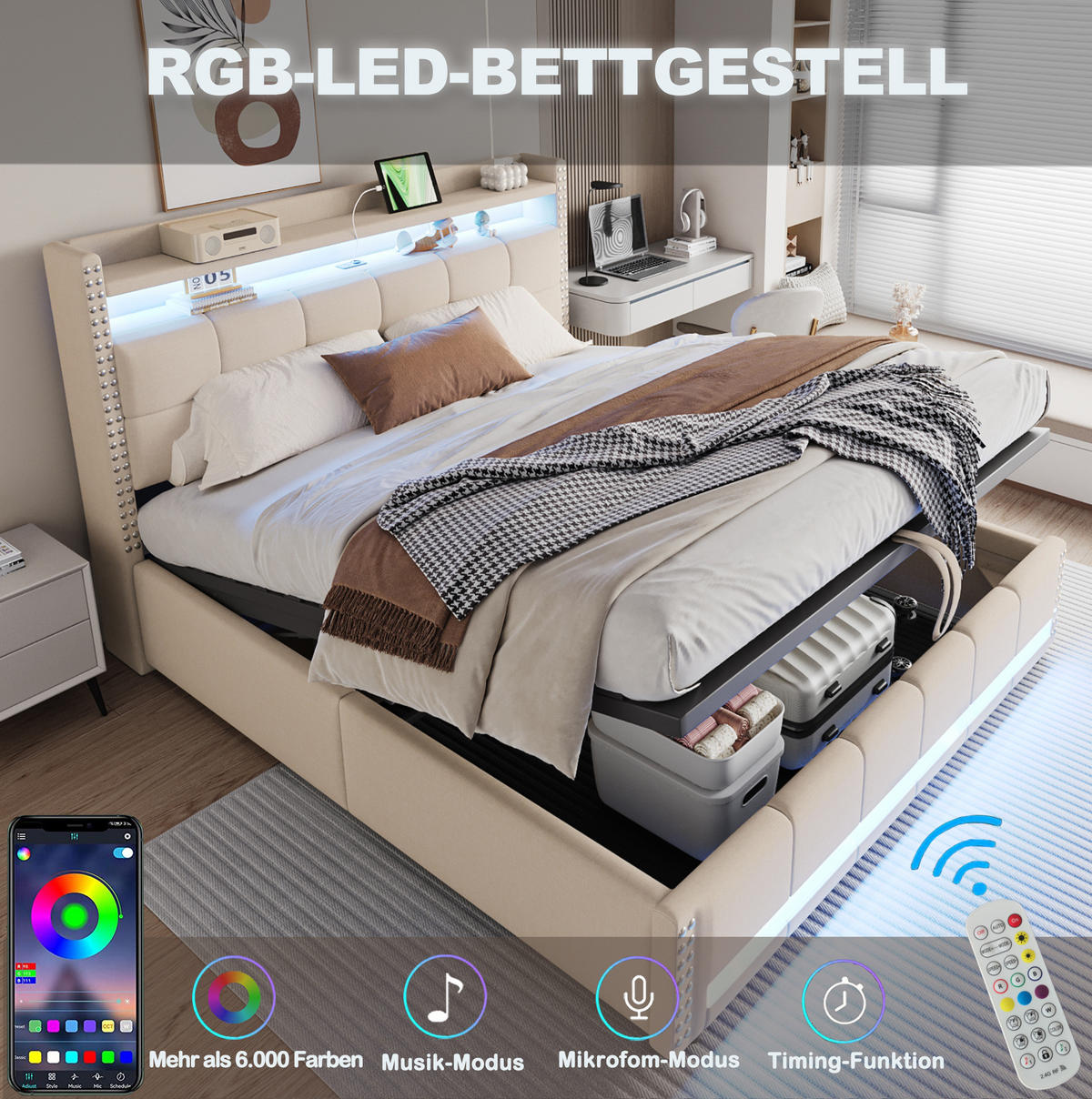 POLSTERBETT 180/200 cm Beige aus Leinenstoff mit LED-Beleuchtung und Stauraum - Beige, Textil (180/200cm) - OKMYHOME