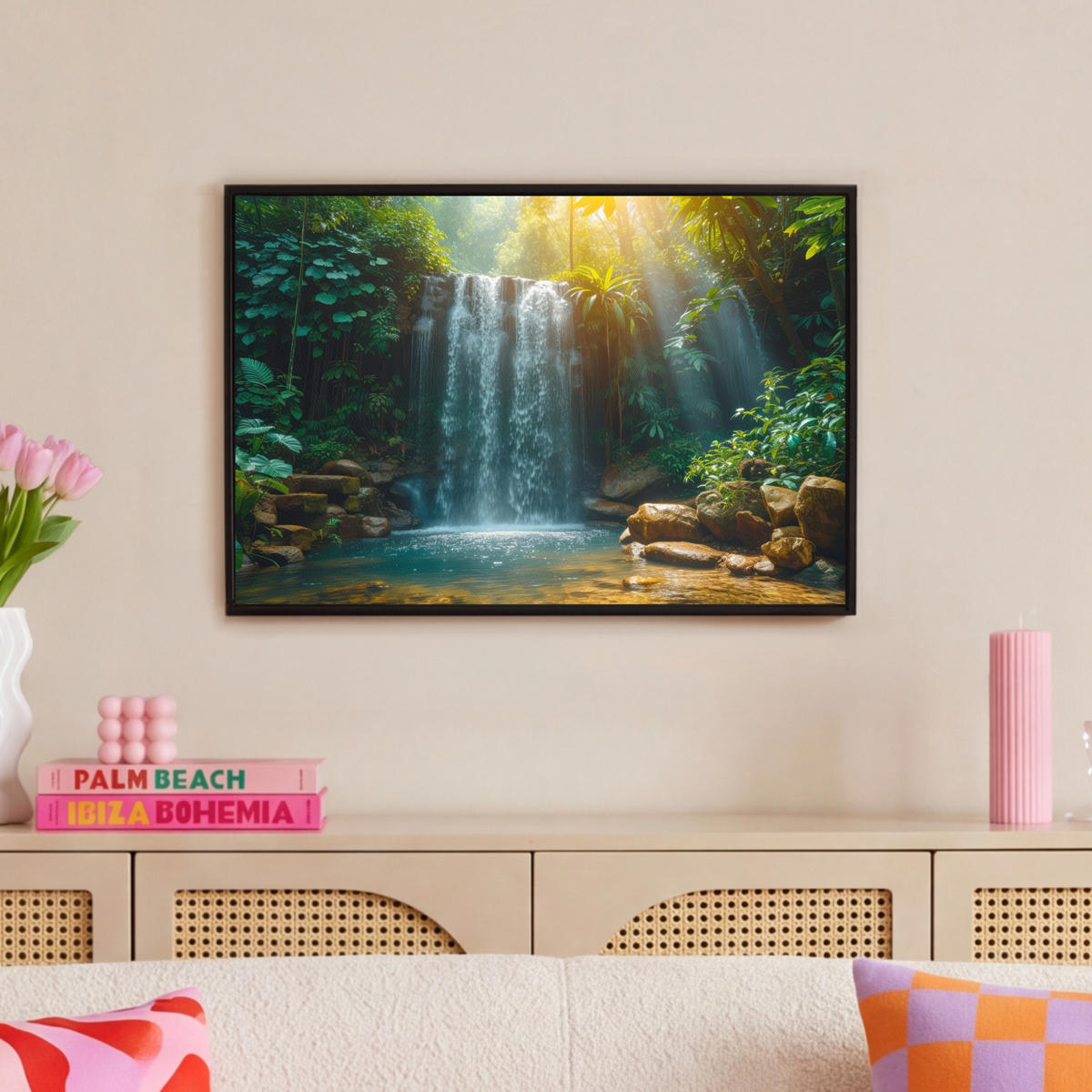 LEINWAND Bilder mit Rahmen - Wasserfall - Dschungel - Sonne - Grün - Natur - 60x40 - Grün, Textil (60/40cm) - MuchoWow