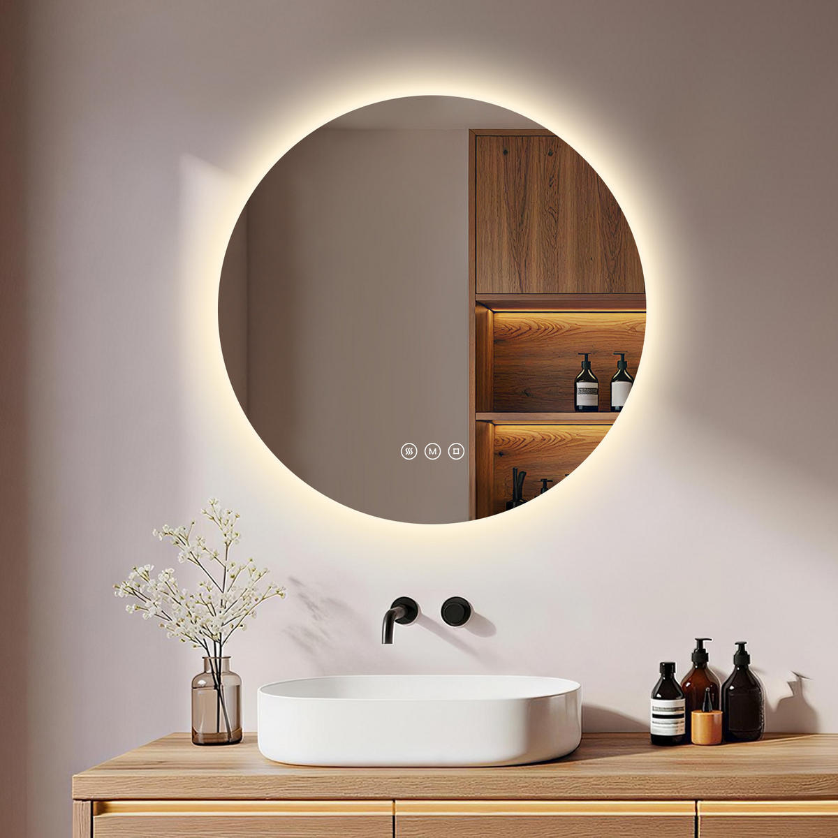 BADEZIMMERSPIEGEL 50 cm rund mit LED-Beleuchtung, dimmbar und Antibeschlag - Transparent, Glas (50/50/3.5cm) - S'AFIELINA