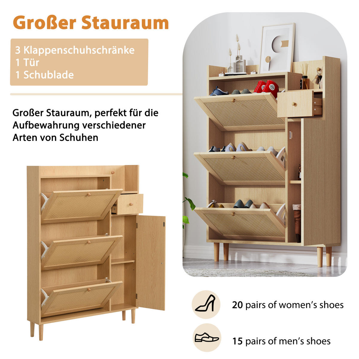 SCHUHSCHRANK Rattanoptik 90 cm mit 3 Klappen, Schublade und Massivholzbeinen - Naturfarben, Holz (90/125/17cm) - PARAFTA HOME