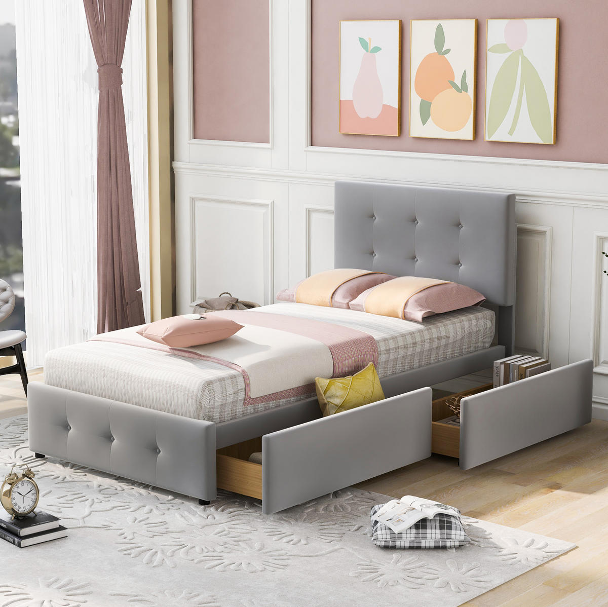 POLSTERBETT 90/200 cm Grau aus Samt mit Schublade - Grau, Textil (90/200cm) - Flora Grace