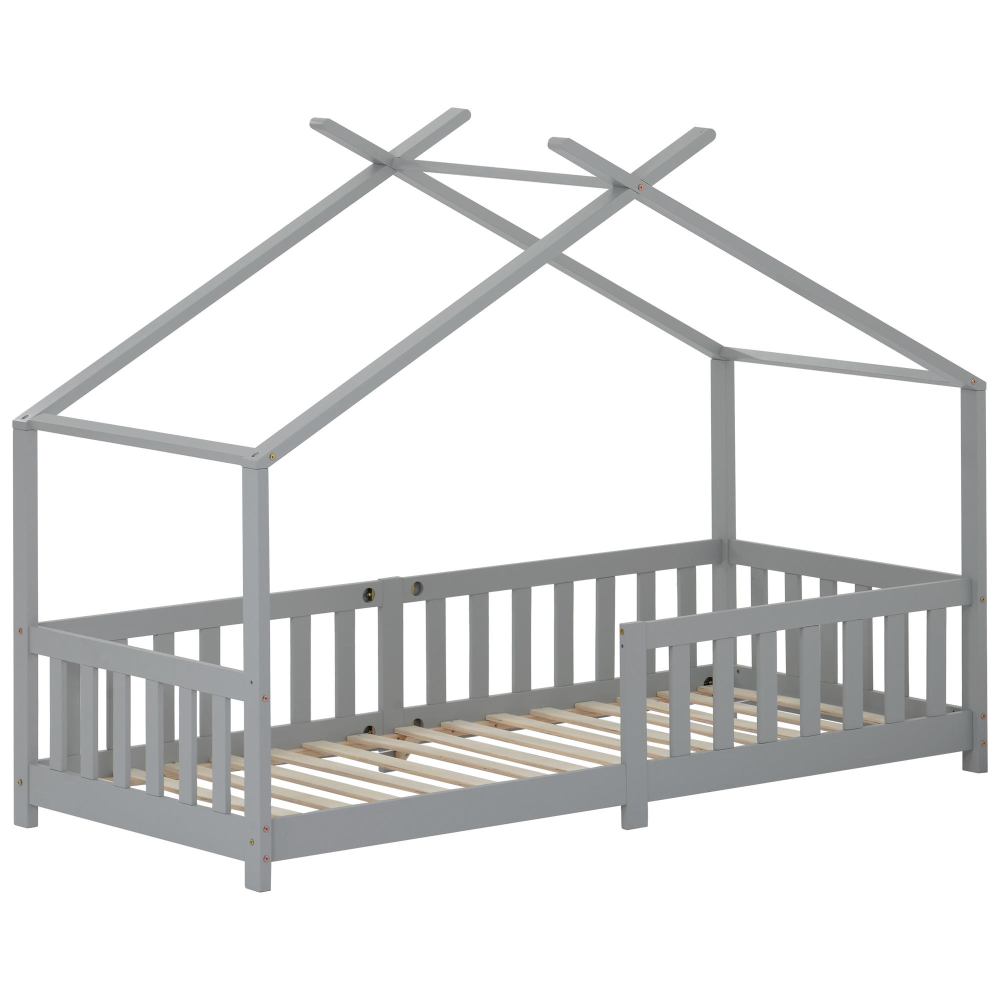 HAUSBETT 90/200 cm in Hellgrau mit Zaun und Lattenrost - Hellgrau, Holz (90/200cm) - CHICFURN