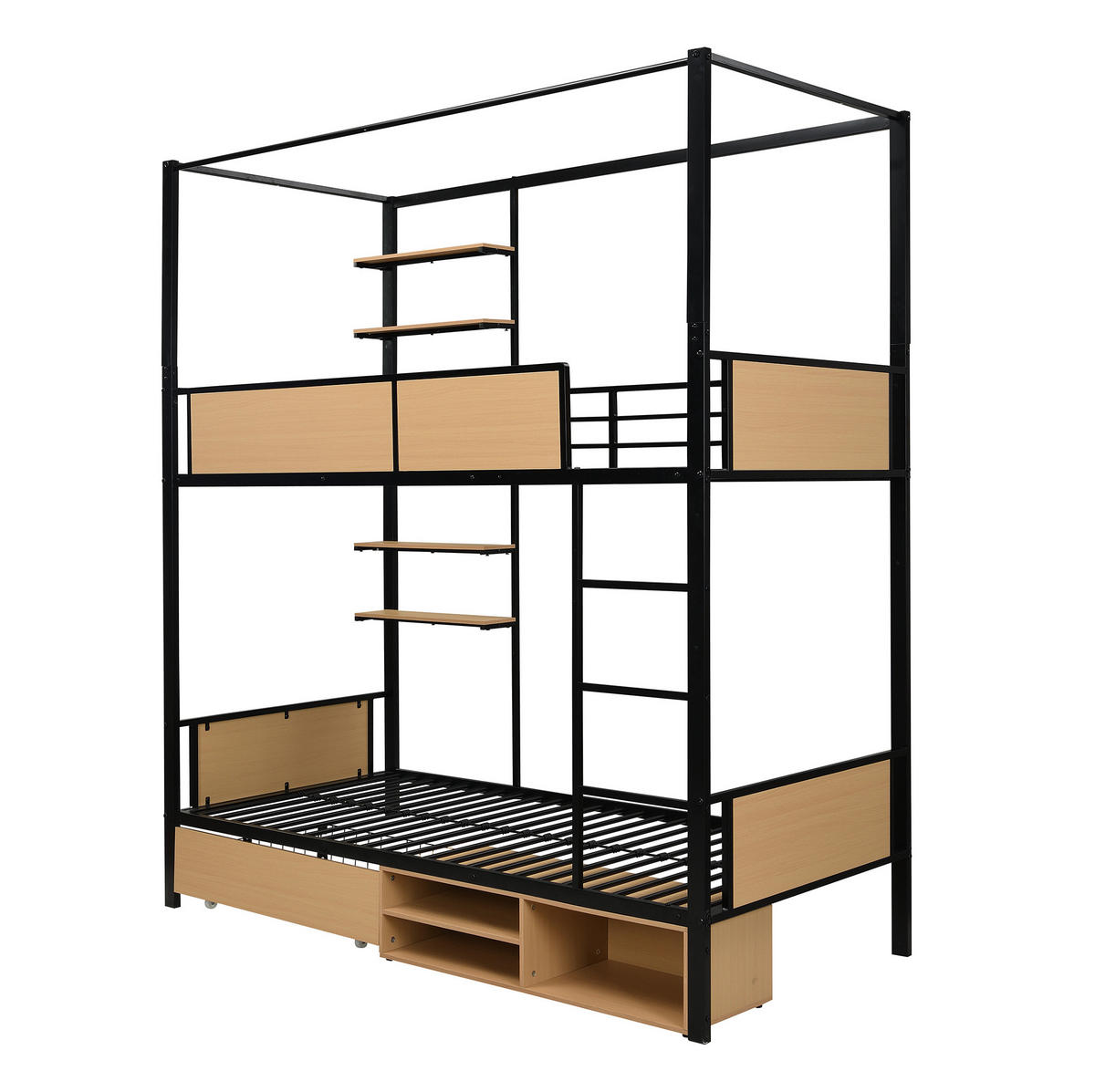 ETAGENBETT 90/200 cm aus Metall & MDF mit Stauraum und Ablagen - Schwarz, Holzwerkstoff (90/200cm) - BEAOK