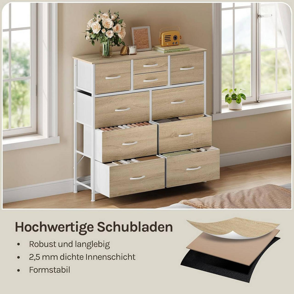 KOMMODE mit 10 Schubladen, Industrial Stil, Helle Eiche + Weiß - Eichefarben/Weiß, Holzwerkstoff/Textil (100/100/30cm) - Woltu