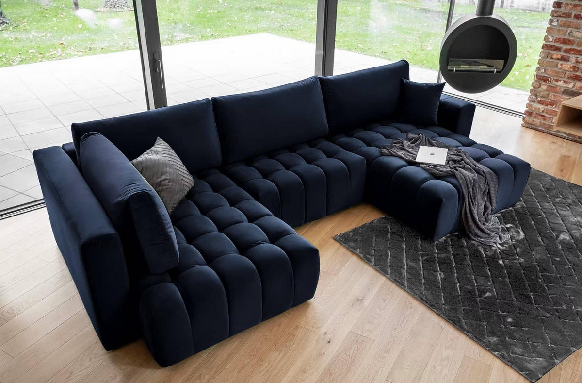 WOHNLANDSCHAFT mit Schlaffunktion und Bettkasten - Schwarz/Dunkelblau, Kunststoff/Textil (170/92/340cm) - Eltap