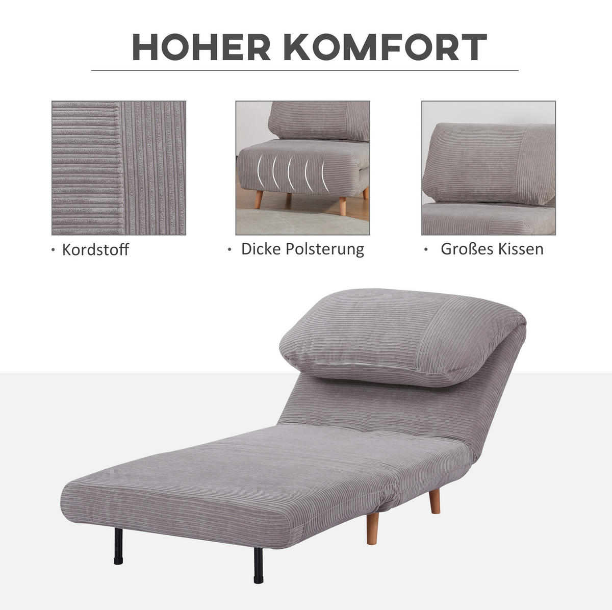 SCHLAFSESSEL 82/89/83 cm mit Liegefläche 82/193 cm und 3-stufiger Rückenlehne - Hellgrau, Holz (82/83/89cm) - BEAOK