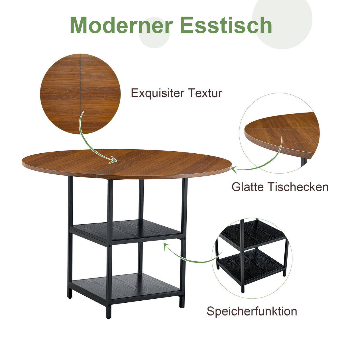 ESSTISCH 107/107/75 cm schwarz walnussfarben aus MDF und Metall mit doppelter Ablage - Schwarz, Holzwerkstoff (107/107/75cm) - OKWISH