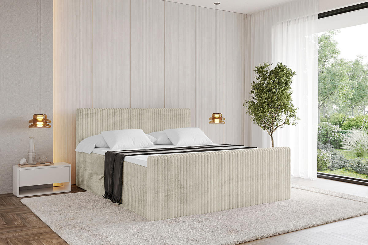 BOXBETT mit Matratze H3 und Lattenrost - TOLO-Z - 140x200 Cord - Creme - Champagner, Holzwerkstoff (140/200cm) - ALTDECOR