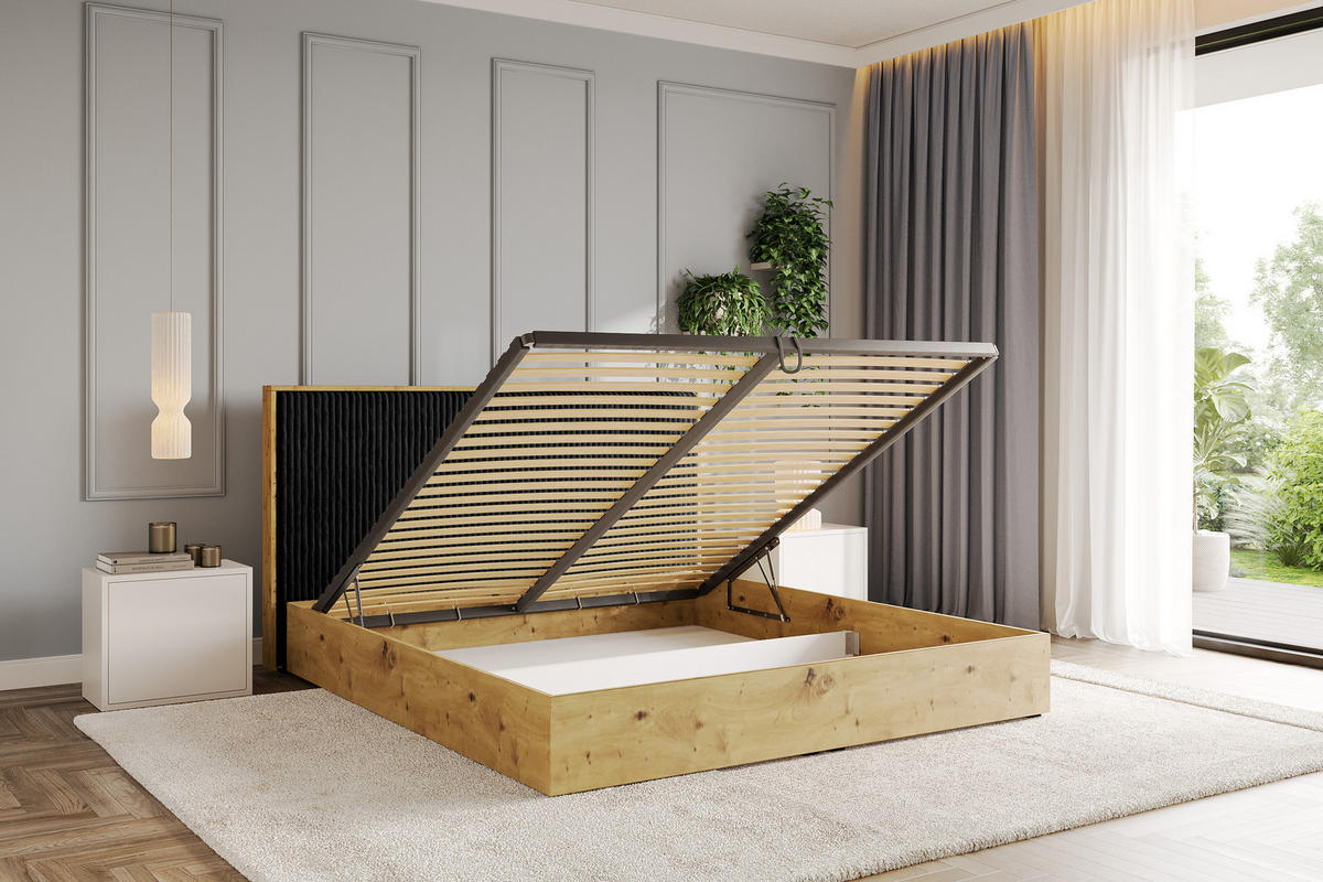 POLSTERBETT mit Bettkasten und Lattenrost, Boxbett mit Kopftei und Stauraum mit Matratze H3/H4 - ENZO10 160x200 Schwarz - Schwarz, Holzwerkstoff/Textil (160/200cm) - ALTDECOR