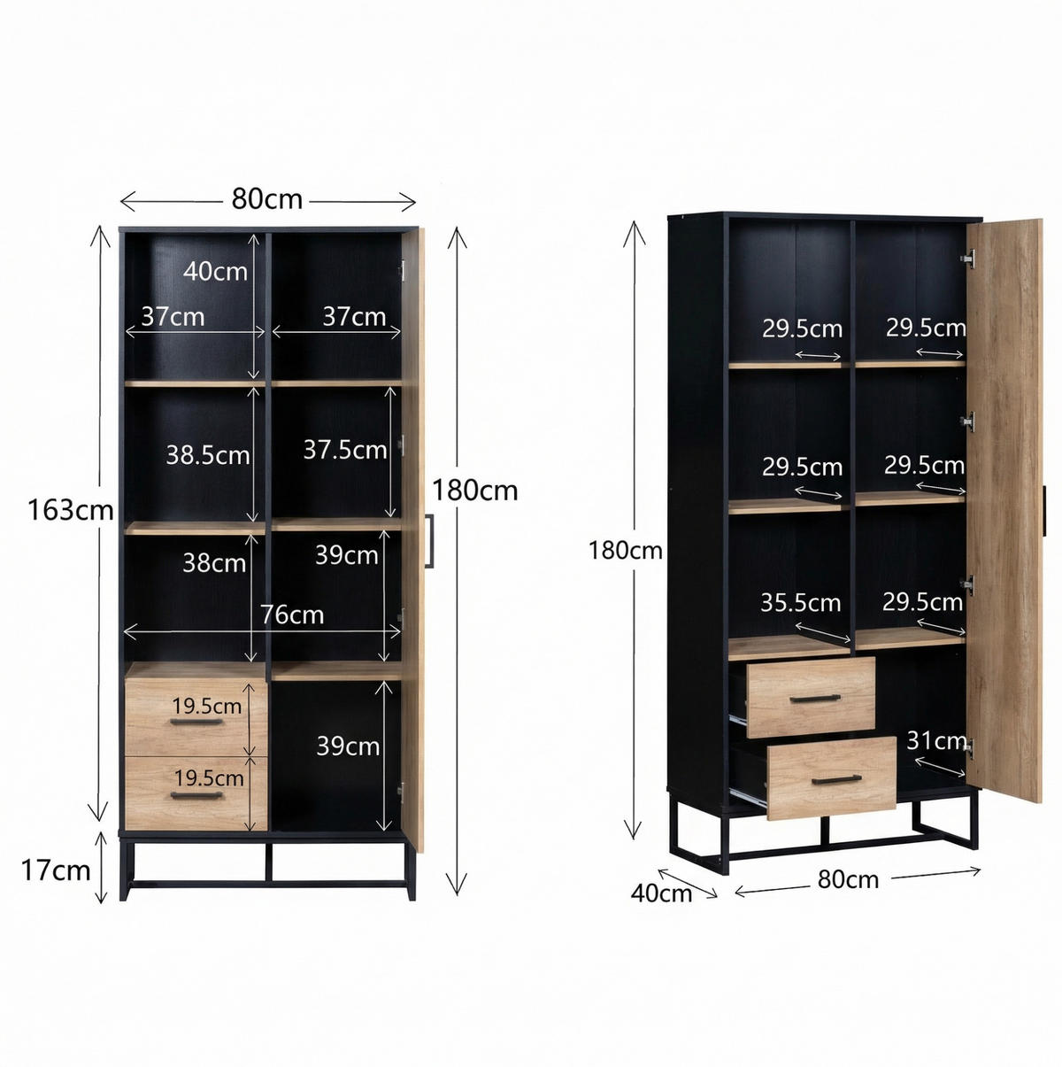 HIGHBOARD mit Schubladen 80/40/180 cm in Holzoptik und Schwarz - Schwarz, Holzwerkstoff (80/180/40cm) - BEAOK