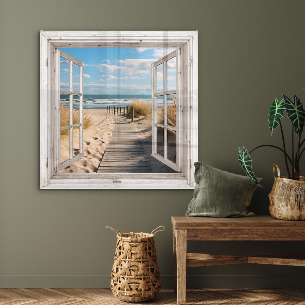 ACRYLGLASBILD Fenster - Meer - Küste - Natur - Ausblick - Strand - Wattenmeer 90x90 cm - Beige, Glas (90/90cm) - MuchoWow