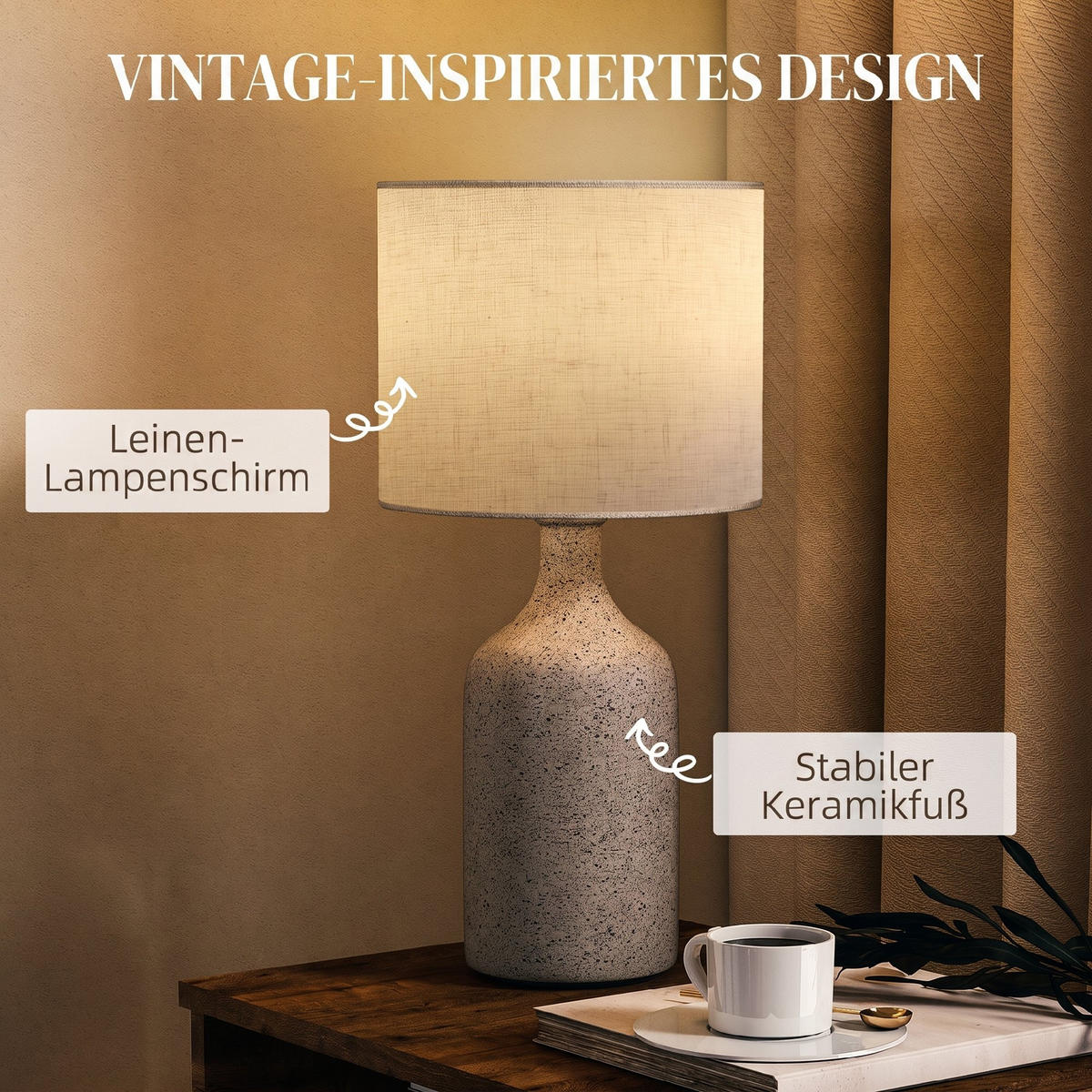 STOLNÍ lampa z keramiky, lněné vlákno, béžová - béžová, keramika (22/22/45cm) - HOMCOM
