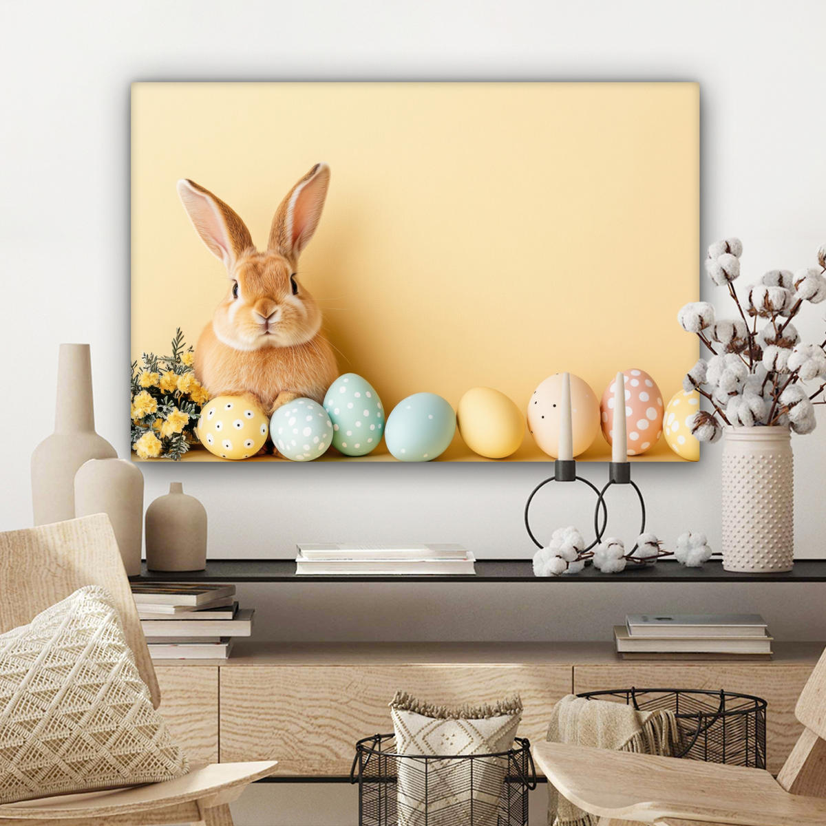 LEINWANDBILD Eier - Kaninchen - Pastellfarbtöne Wanddeko 90x60 cm - Hellgelb, Textil (90/60cm) - MuchoWow