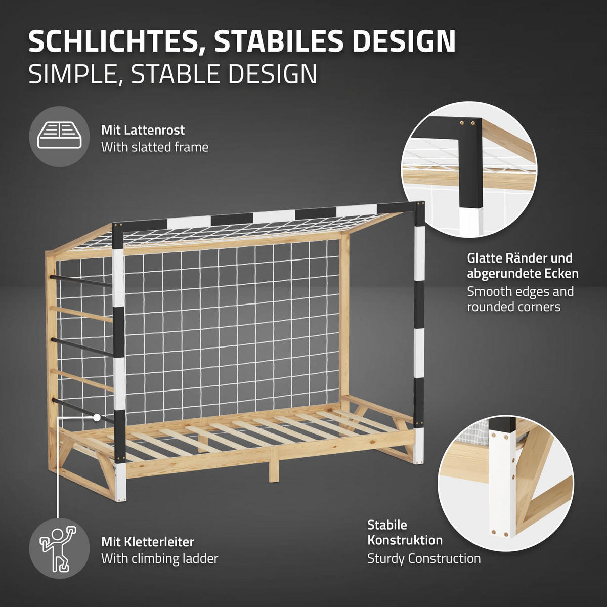 KINDERBETT Fußballtor 90x200 cm Schwarz-Weiß - Hellbraun, Holz (90/200cm) - ML-DESIGN