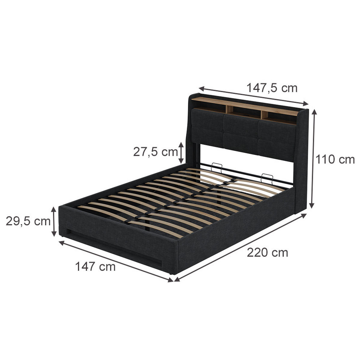 POLSTERBETT Christin Anthrazit/Eiche 140x200 mit Matratze, LED und USB-Anschluss - Eichefarben/Anthrazit, Holzwerkstoff - VitaliSpa