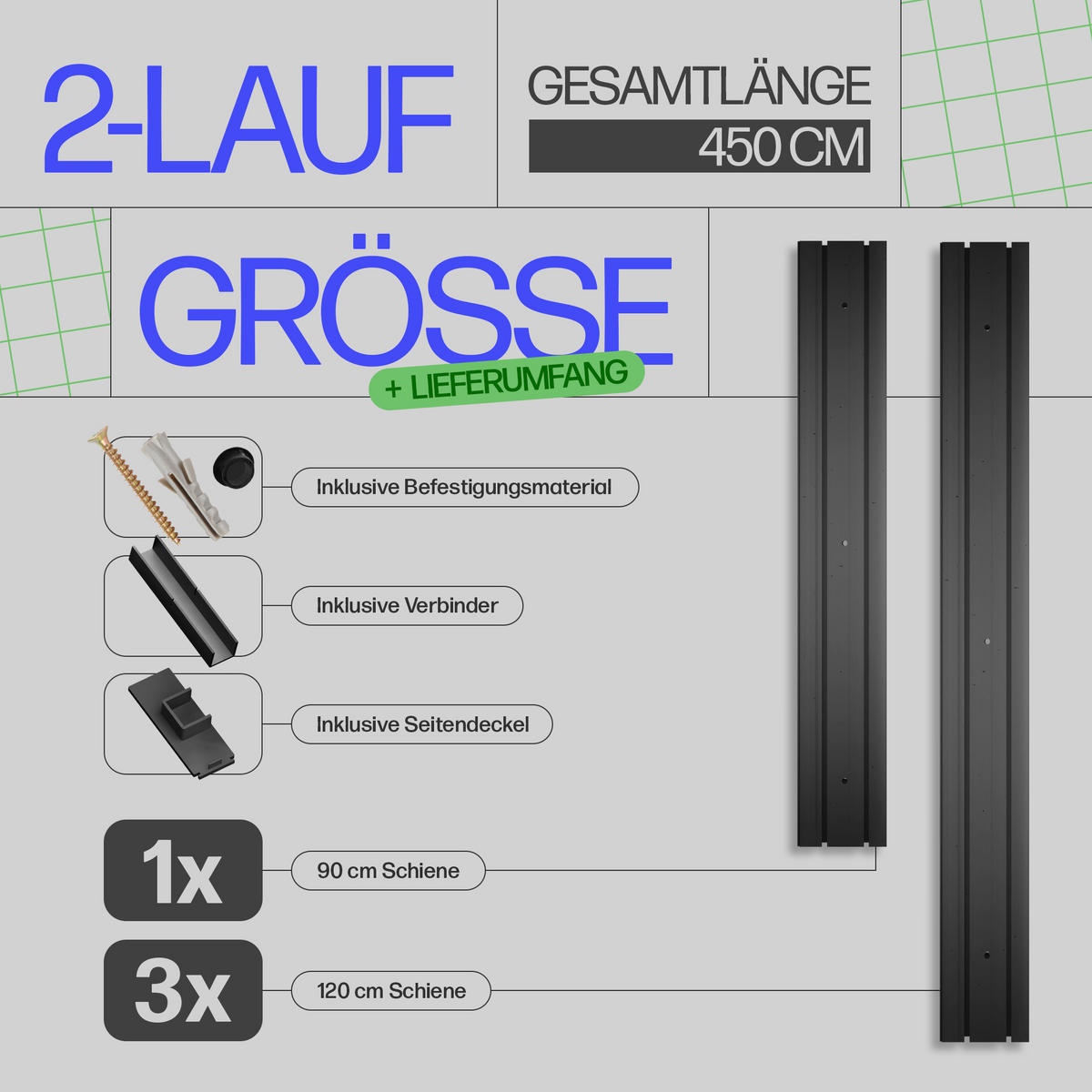 GARDINENSCHIENE 450cm (1x90/3x120cm) 2-läufig - Schwarz, Kunststoff (10/1.8/450cm)