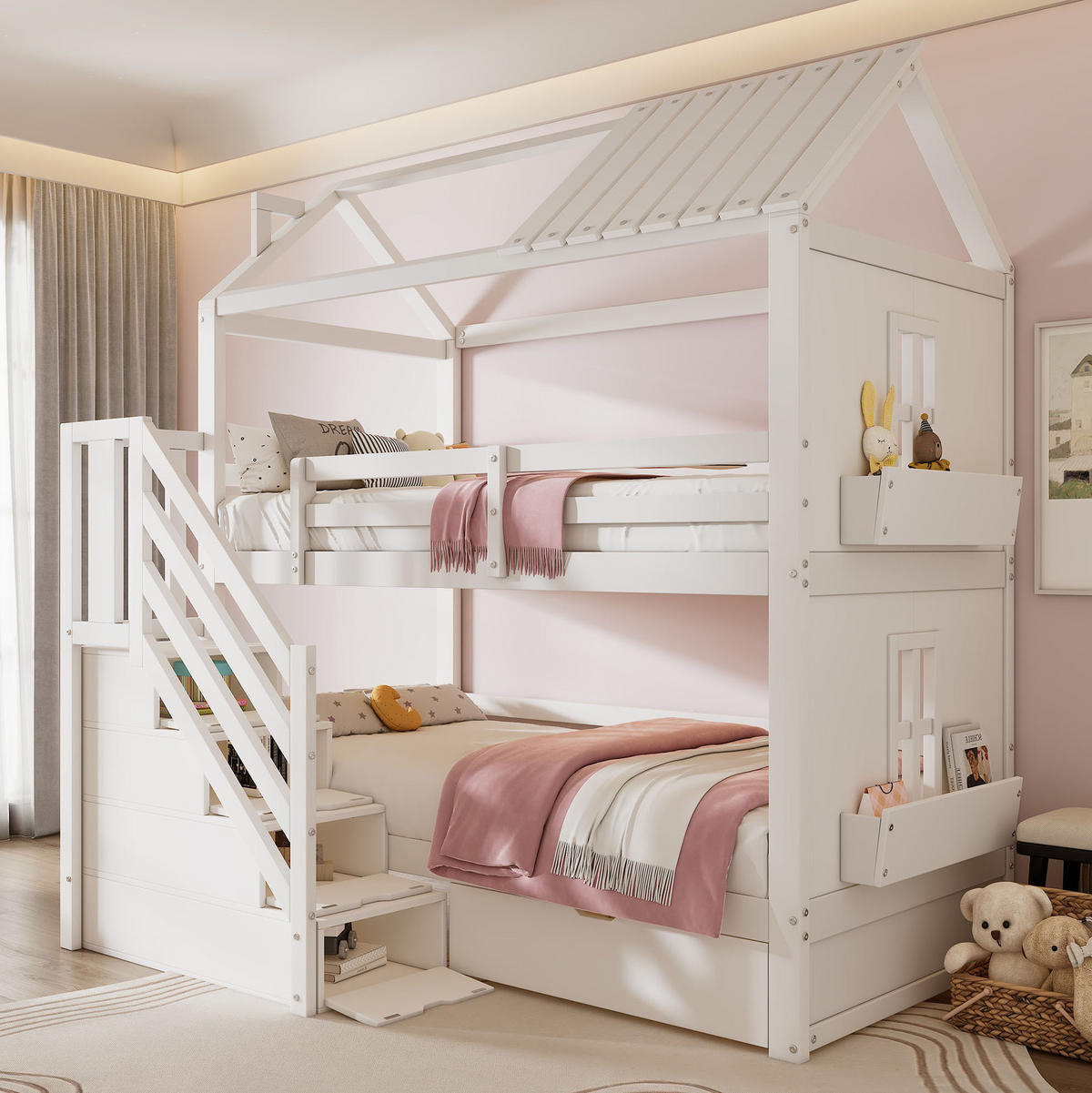 HAUSBETT 90/200 cm in Weiß mit Stauraumtreppe und Schubladen - Weiß, Holz (90/200cm) - BEAOK