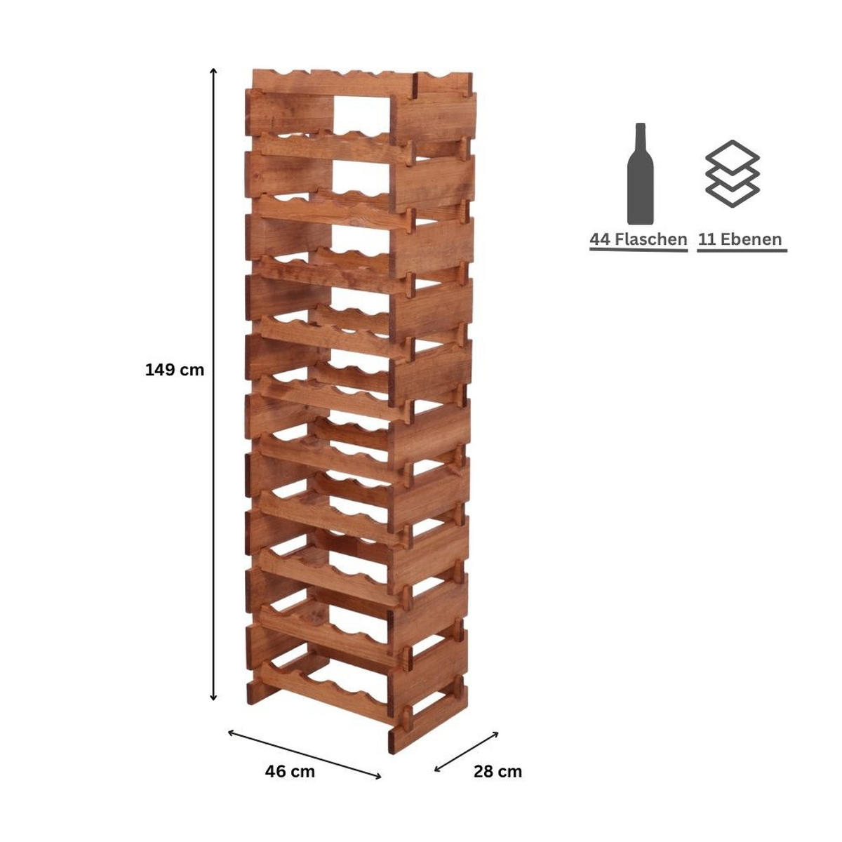 WEINREGAL VINOTECA FLEX PRO HxBxT 149x46x28cm 44 Flaschen auf 11 Ebenen Braun geölt - Braun, Holz (46/149/28cm) - PROREGAL