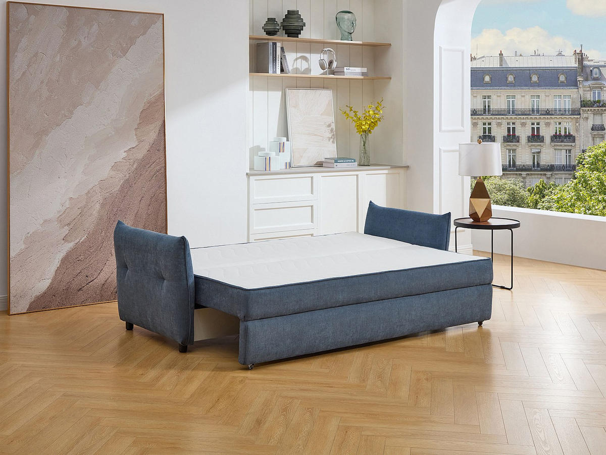 3-SITZER-SCHLAFSOFA aus blauem Stoff mit Memory-Schaum-Sitz SITALA - Blau, Textil (220/92/87cm) - Vente-Unique