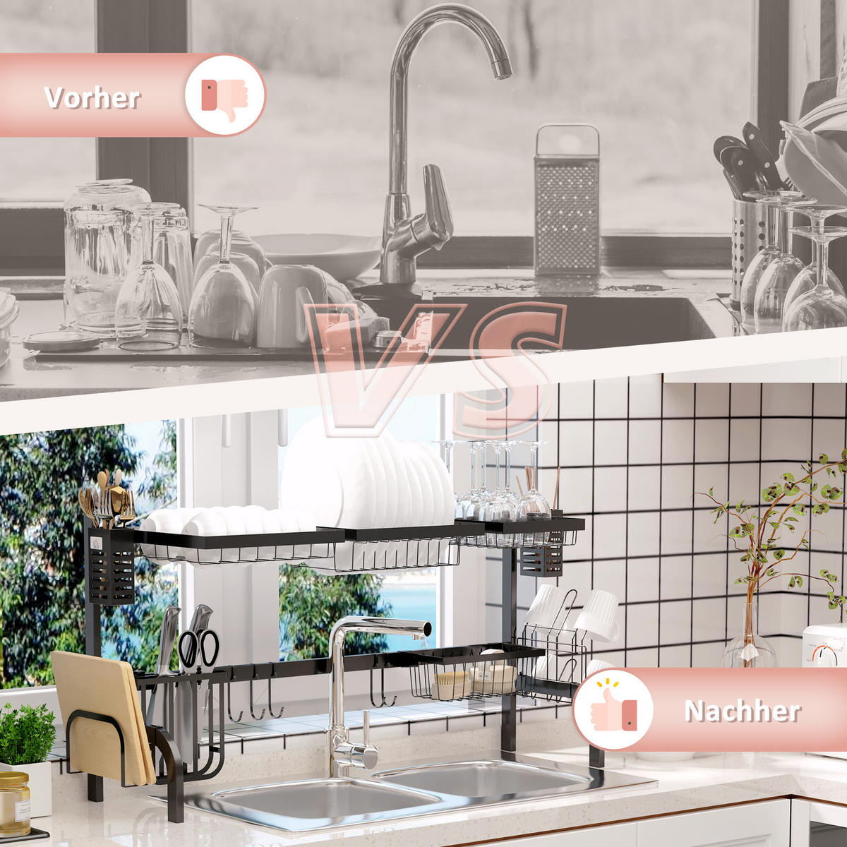 ABTROPFGESTELL Geschirr 2-Stufiges Abtropfständer mit Haken Tellerregal 100 cm - Schwarz, Metall (30/52.5/100cm) - HOMCOM