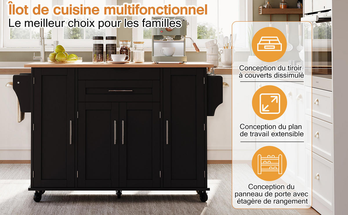 KÜCHENINSEL 136/92/70 cm Schwarz/Natur aus MDF mit ausziehbarer Arbeitsplatte - Schwarz, Holzwerkstoff (70/92/136cm) - OKMYHOME
