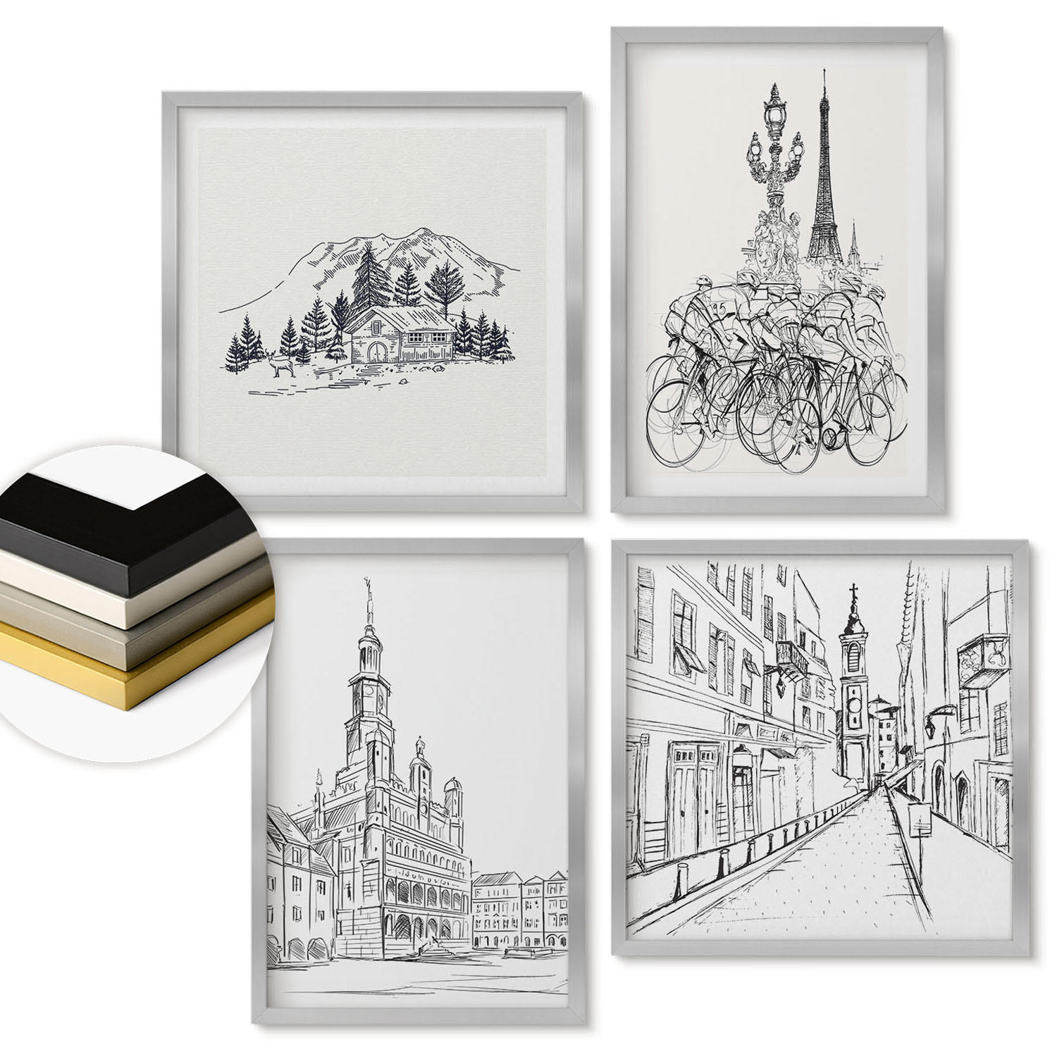 WANDBILDER 4er Set - 50x50 cm & 40x60 cm Silberner Rahmen - Einfache Zeichnungen von Stadtansichten - Silberfarben, Kunststoff (50/50cm) - ArtPrintCave