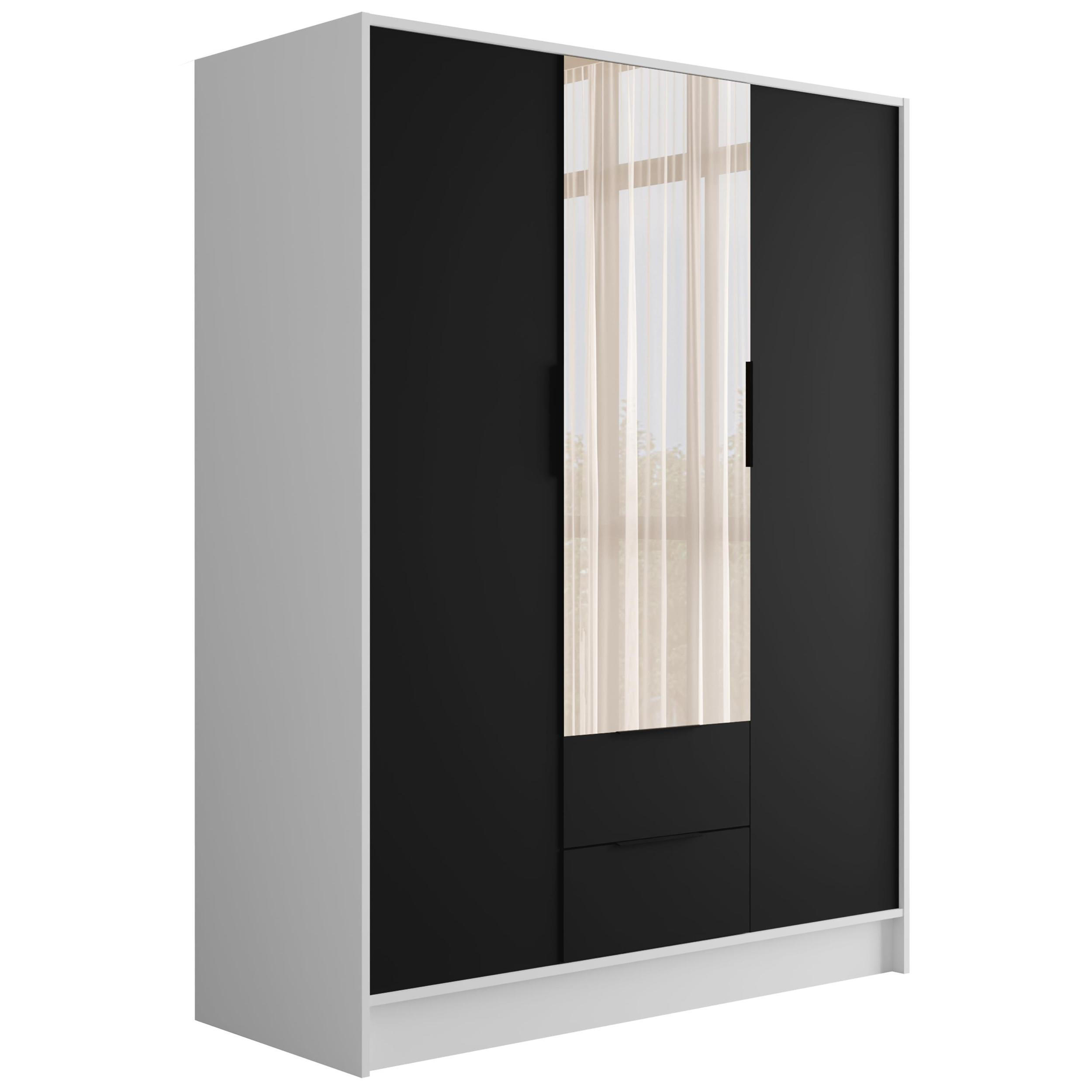 KLEIDERSCHRANK mit Spiegel und Flügeltüren KOLIN 150x200cm Weiß / Schwarz - Schwarz/Weiß, Holzwerkstoff (150/200/51cm) - ALTDECOR