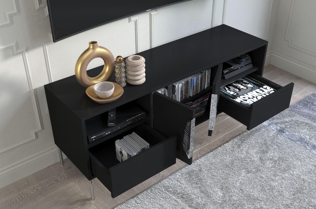 LOWBOARD Merlin, Schwarz, Silberne Details - Silberfarben/Schwarz, Holzwerkstoff/Metall (138/60/40cm) - Skandica