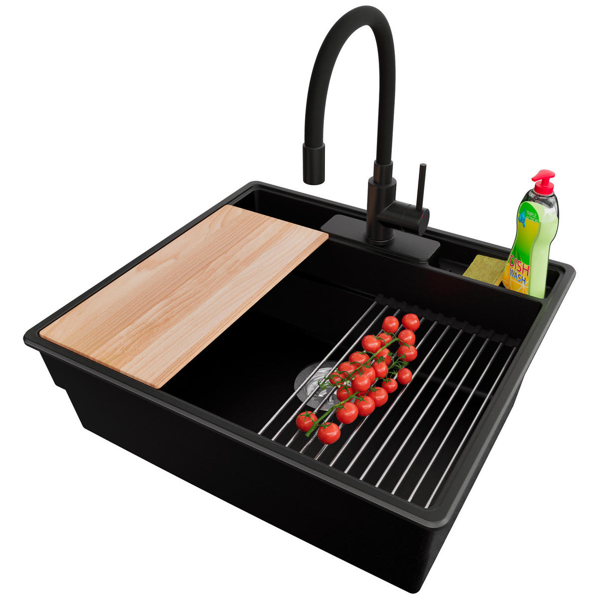 GRANITSPÜLE New York, 2-er set Schwarz 58/53 cm 1 Becken + Küchenarmatur 40/38 cm + Ablauf-Set + Küchenzubehörset ab 60er Unterschrank - Chromfarben/Beige, Kunststoff (58/20/53cm) - Primagran