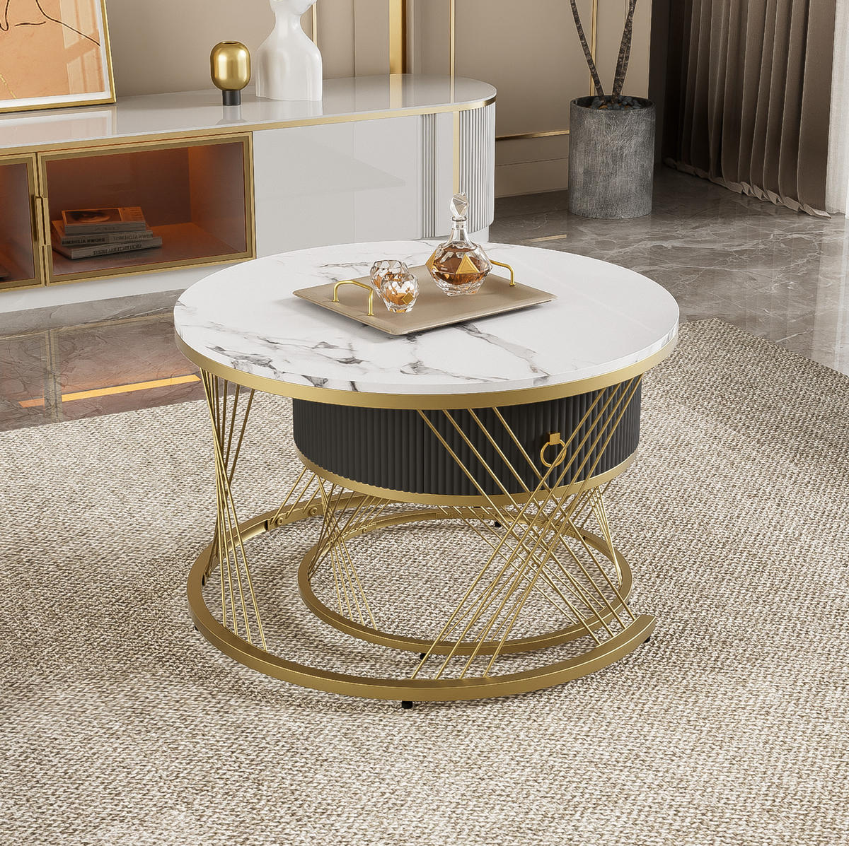 COUCHTISCH, MDF in Marmor-Optik mit Goldakzenten, modulare 2er-Komposition, 70/70/45 + 50/50/40 cm, Weiß und Gold - Weiß, Holzwerkstoff (70/70/45cm) - Redom