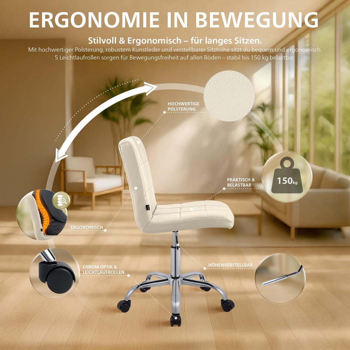 DREHSTUHL Lederlook Creme - Chromfarben/Creme, Textil/Metall (47/93/56cm) - CLP