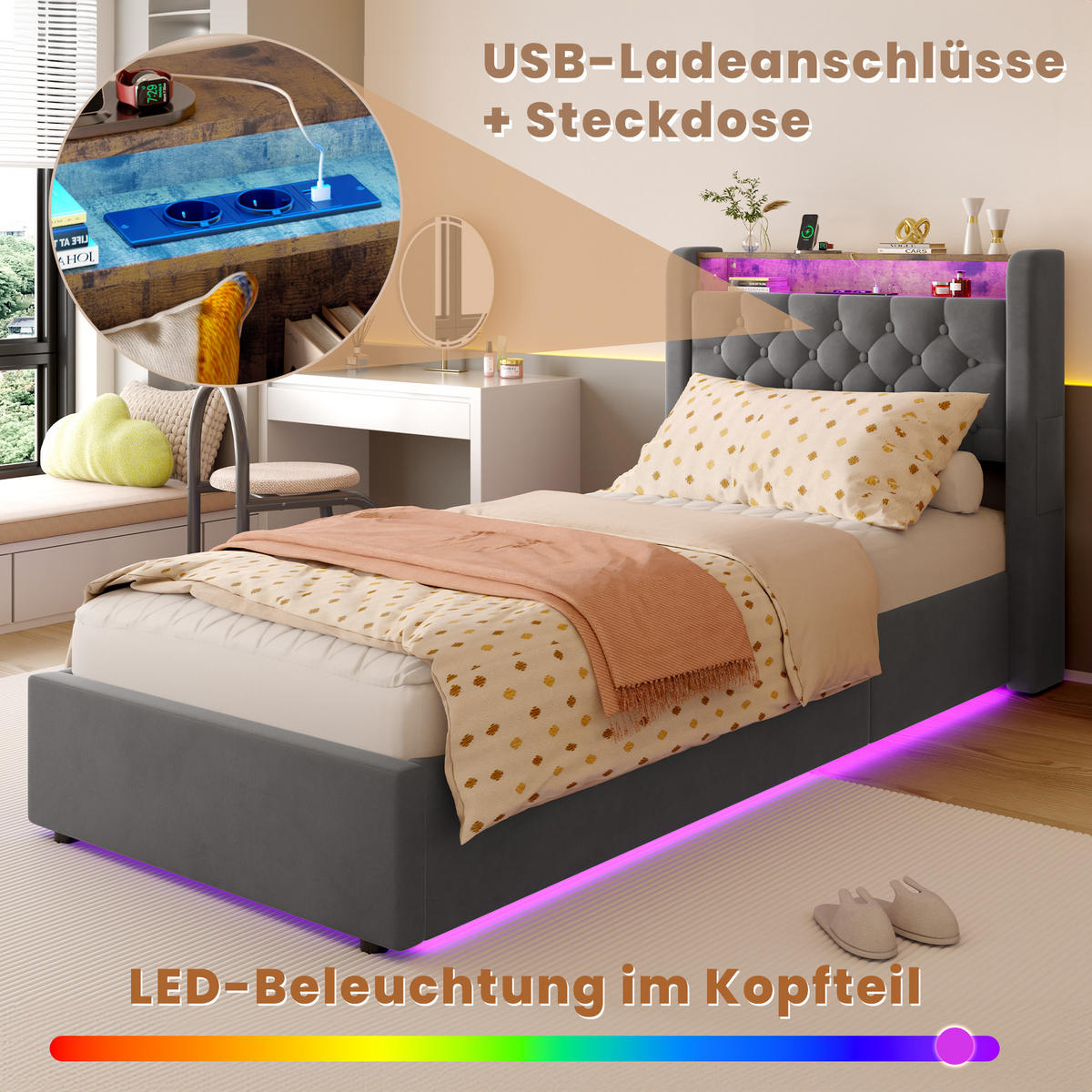 POLSTERBETT aus Samt 90x200 cm Grau mit LED-Beleuchtung & USB-Anschlüsse mit hydraulischem Stauraum - Grau, Textil (90/200cm) - Modfu