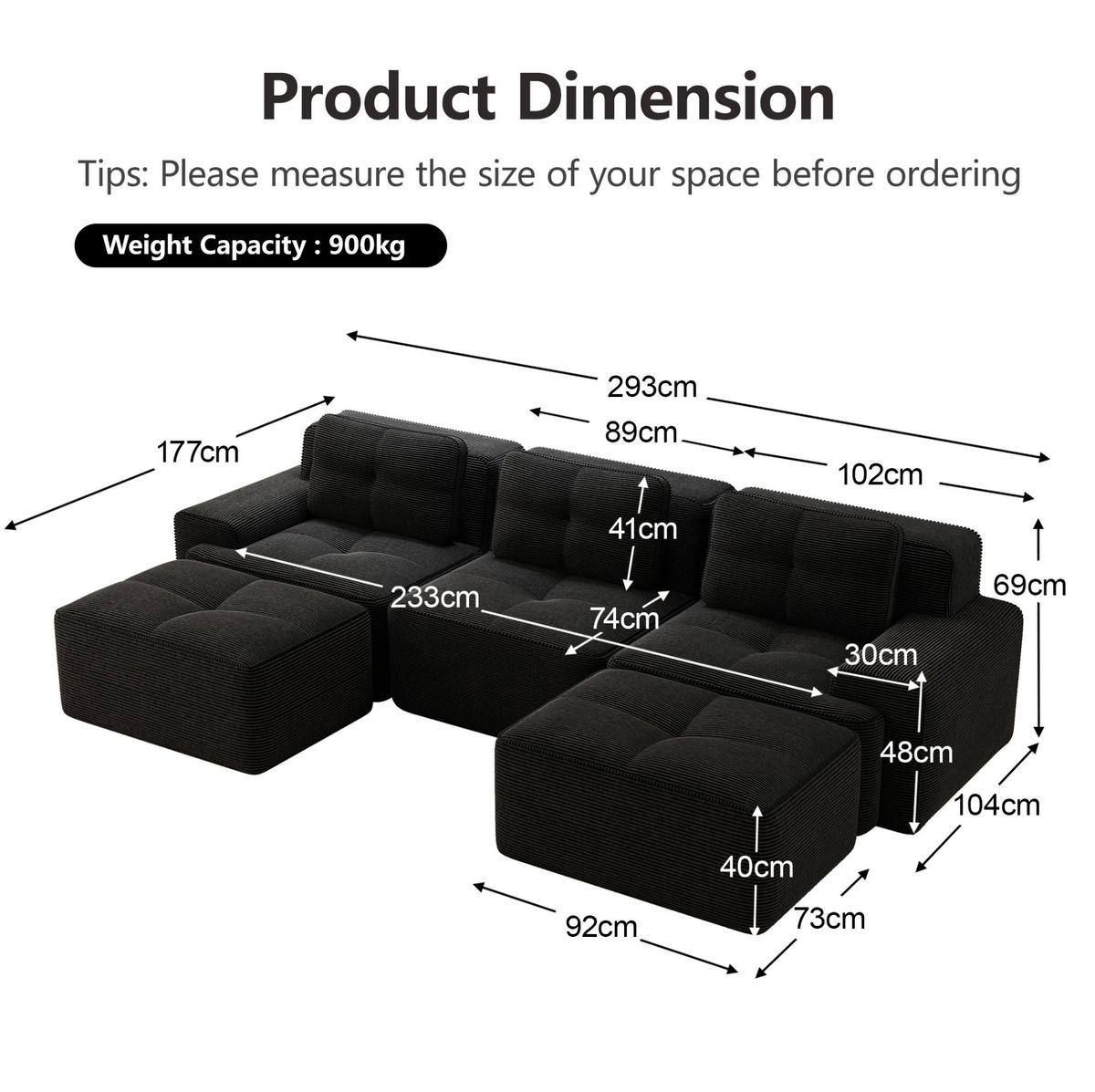 3-SITZER Sofa montagefrei mit Tiefsitz, Cordbezug und rutschfester Basis, Schwarz - Schwarz, Textil (293/69/177cm) - Redom