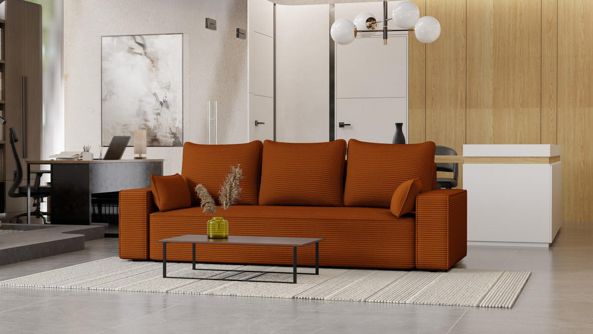 SOFA Vens mit Bettkasten und Schlaffunktion, Cordstoff - Rostfarben, Holzwerkstoff (242/85/95cm)