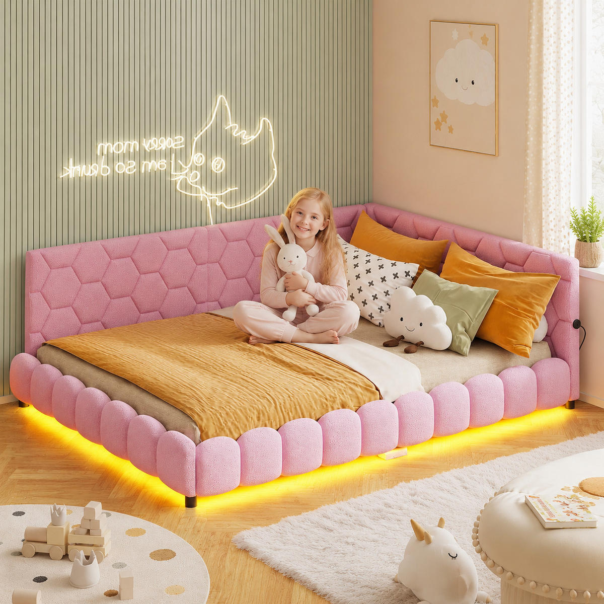 SCHLAFSOFA Lammwolle rosa mit LED-Beleuchtung, USB & Type-C Ladeanschluss, gepolsterter Eckkopfteil - Dunkelrosa, Metall (151.5/67.5/210cm) - Joyfair