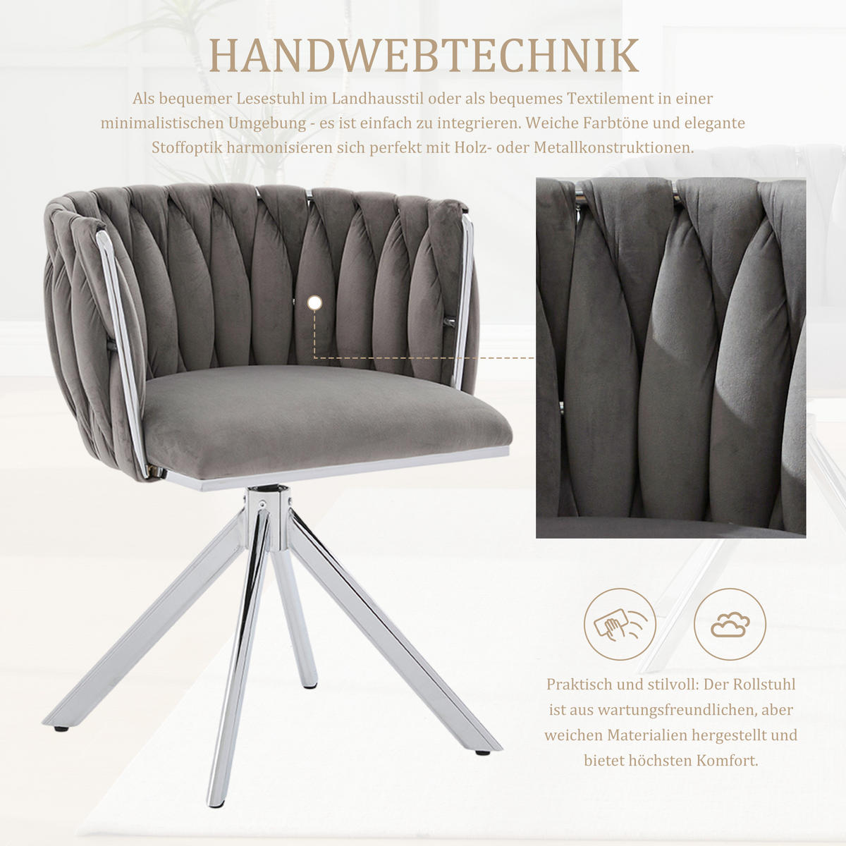 ARMLEHNSTUHL(SET à 2 Stück) mit Metallgestell - ergonomische Rückenlehne und 180° Schwenkfunktion - Hellgrau - Hellgrau, Textil/Metall (50/70/56cm) - KOMHTOM