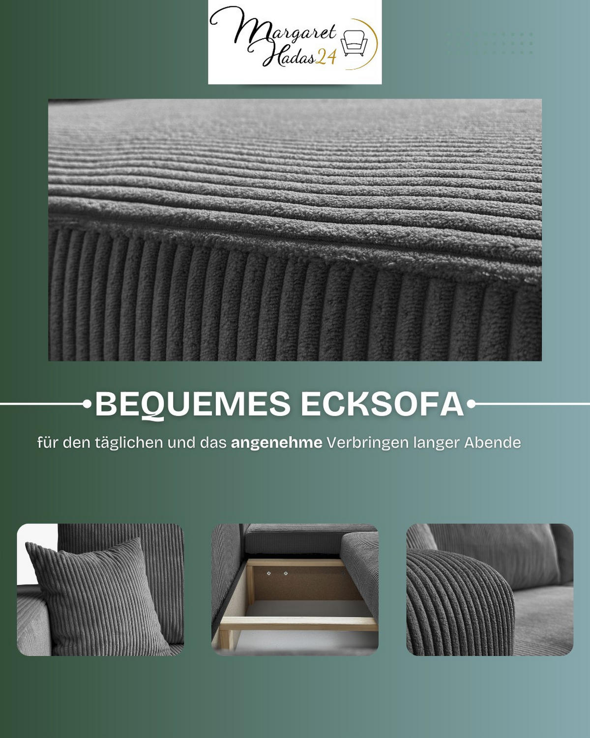 ECKSOFA Sofia in L-Form 277 x 143 cm Schlaffunktion Bettkasten Couch Cord universale Seite, dunkelgrau - Dunkelgrau, Kunststoff (143/83/277cm) - Margaret Hadas24
