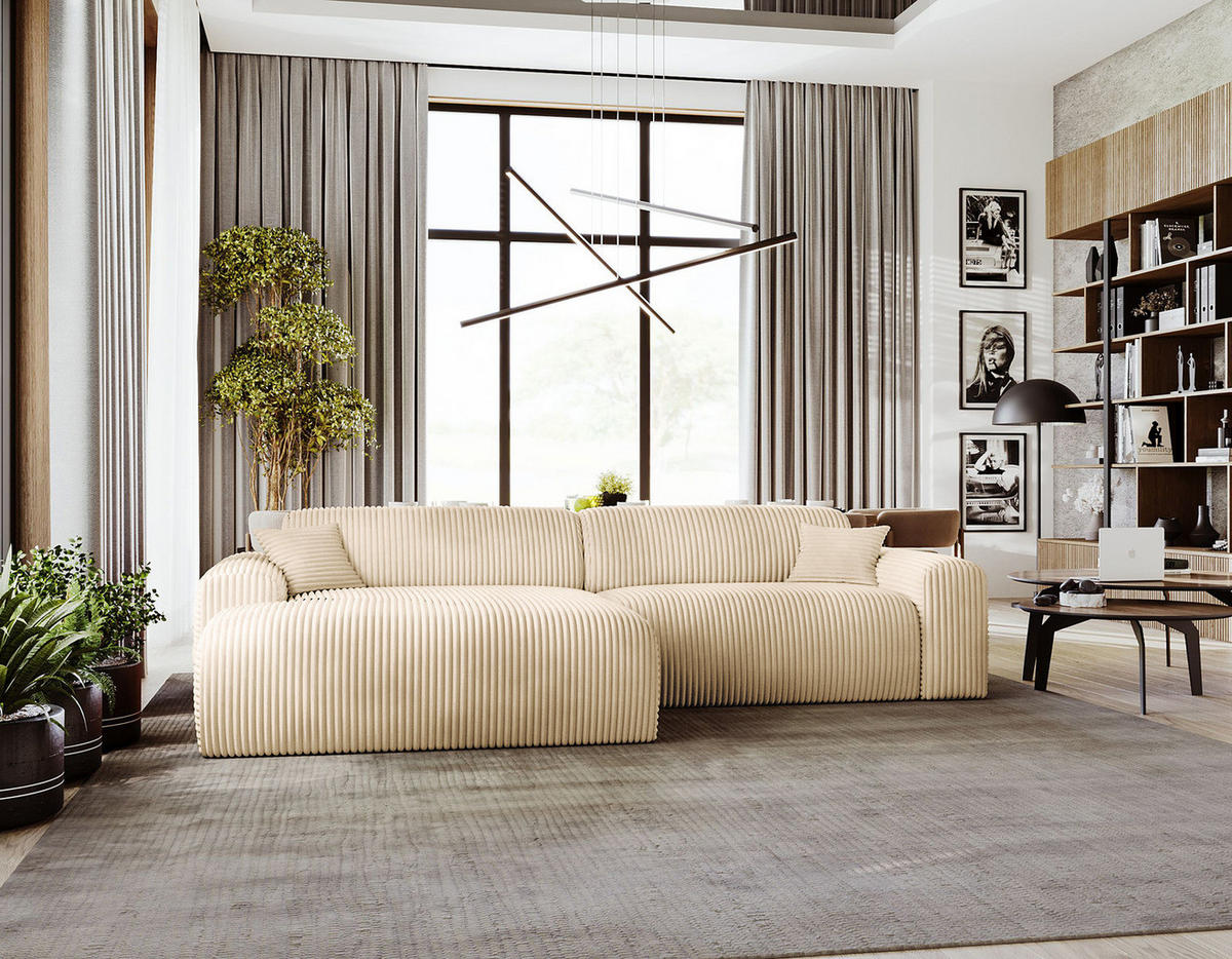 ECKSOFA mit Longchair - Cord - Beige/Schwarz, Kunststoff/Textil (284/178cm) - home24
