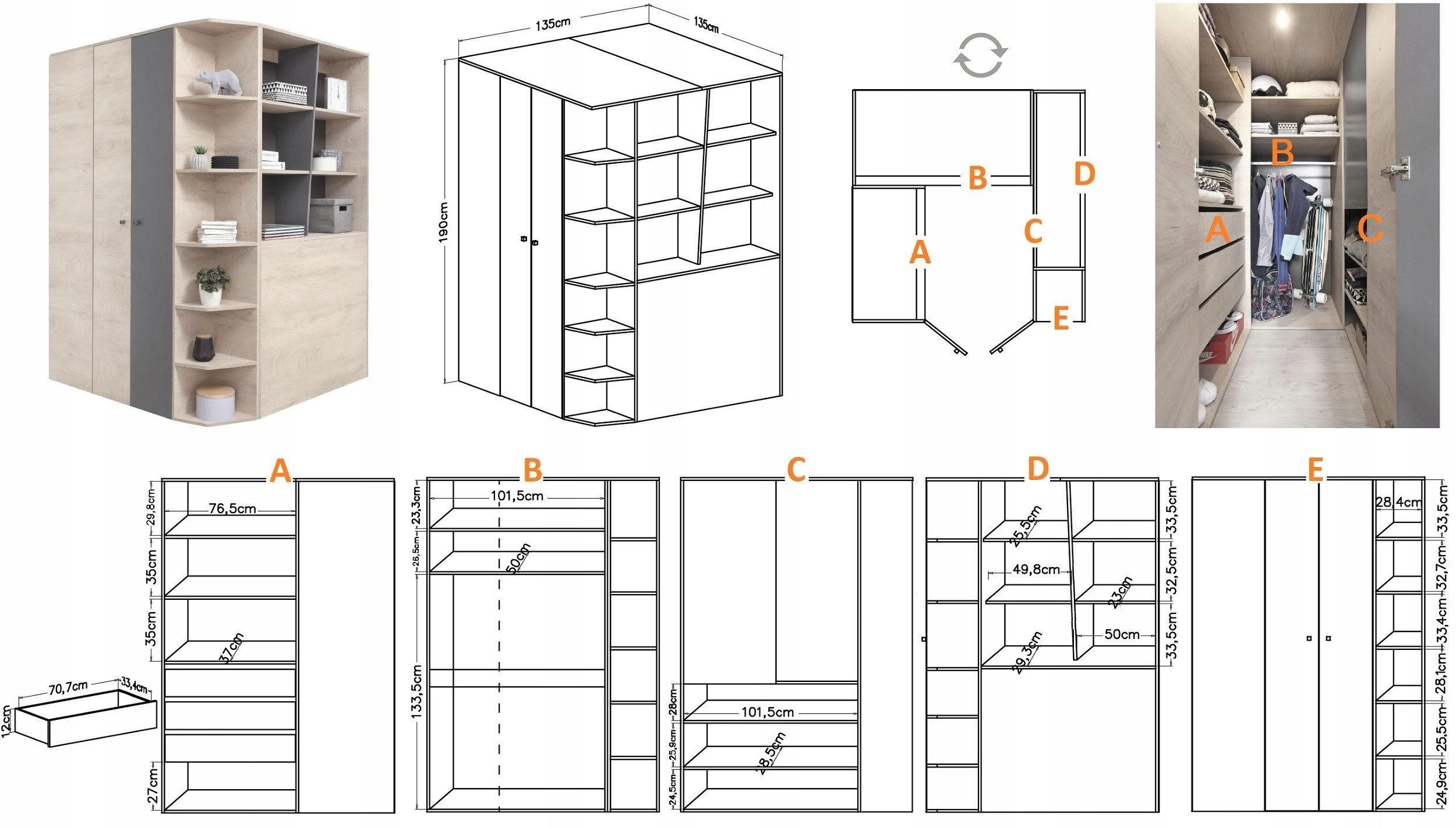 ECKSCHRANK DARLA D01 135/135/190 Eiche/Anthrazit - Anthrazit/Sonoma Eiche, Holzwerkstoff (135/190/135cm) - Deine Möbel 24