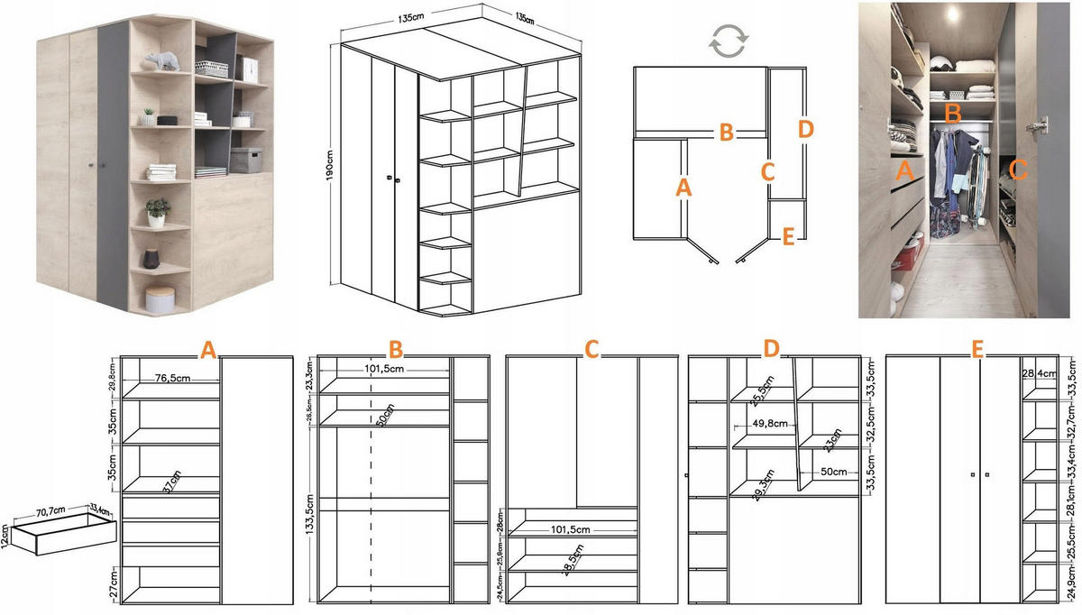 ECKSCHRANK DARLA D01 135/135/190 Eiche/Anthrazit - Anthrazit/Sonoma Eiche, Holzwerkstoff (135/190/135cm) - Deine Möbel 24