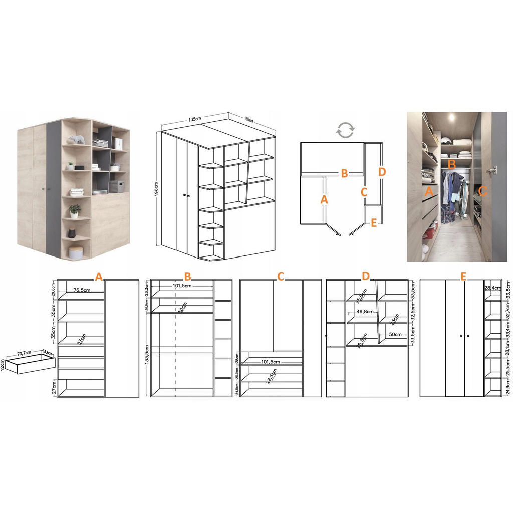 Thumbnail - Deine Möbel 24 Eckschrank, Sonoma Eiche, Anthrazit, Holzwerkstoff, 135x190x135 cm, Kinder- & Jugendzimmer, Kindermöbel, ...