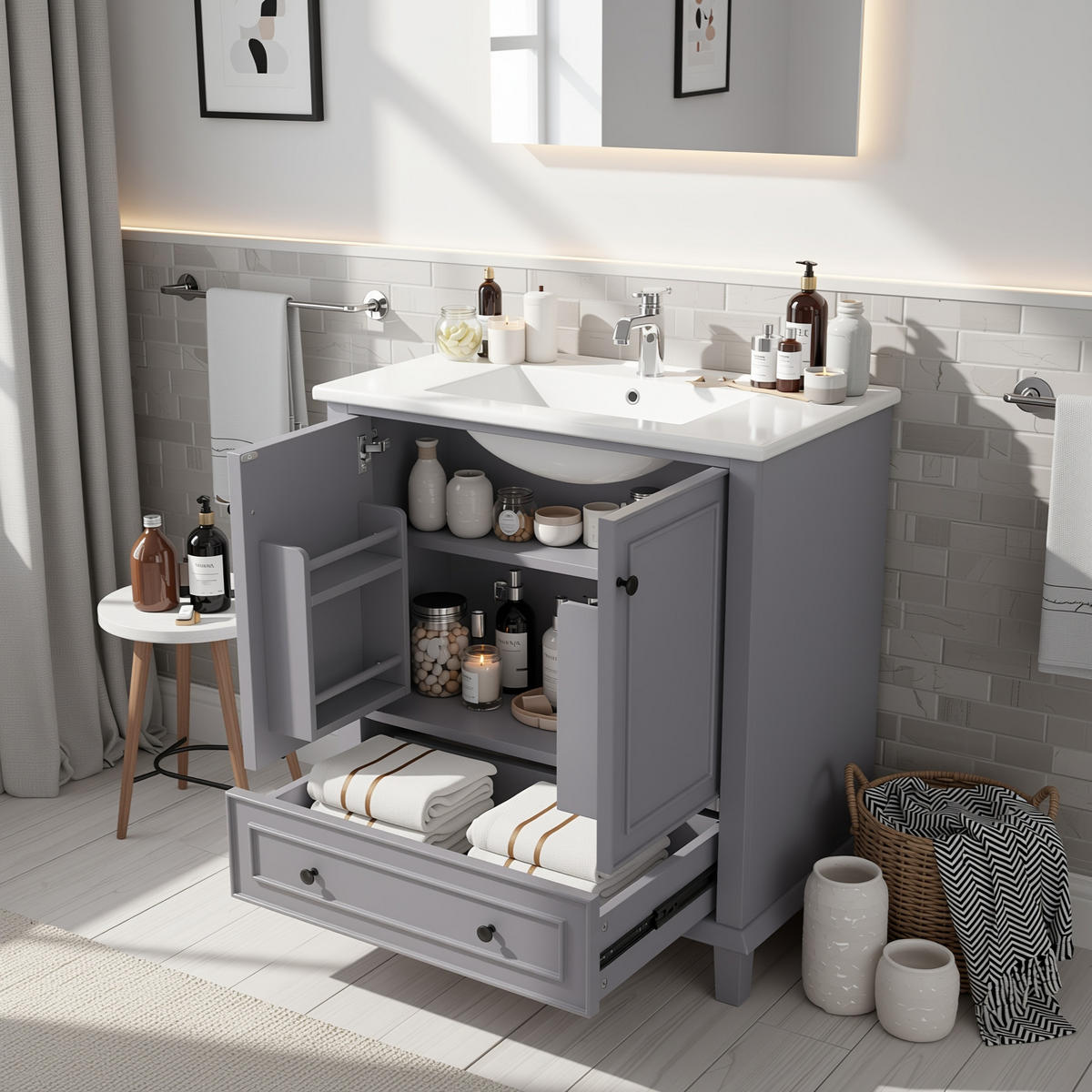 WASCHTISCHKOMBI Schwarz mit Doppelbecken & 2 Schubladen - Grau, Keramik/Holzwerkstoff (76/87/46cm) - Urban Meuble